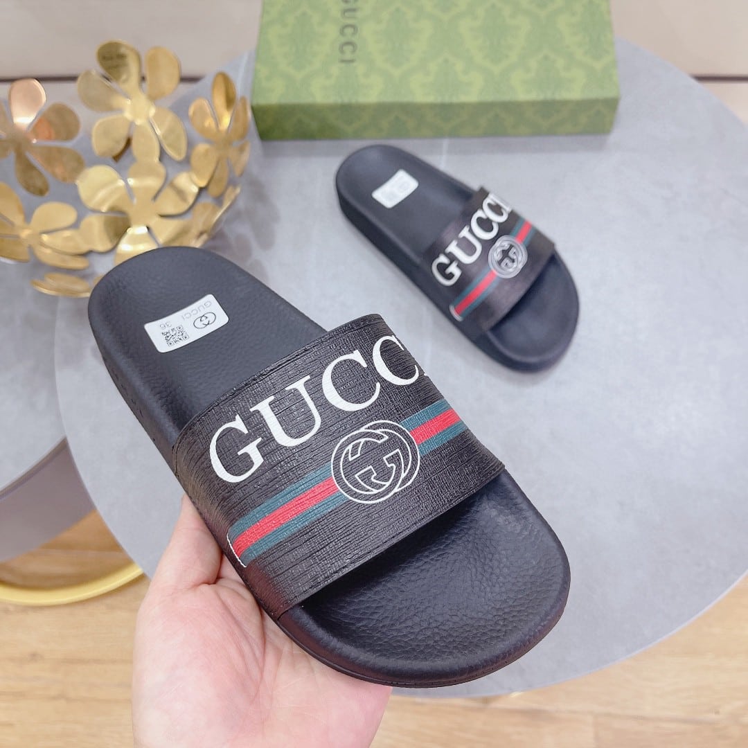 (1:1 replica) Gucci Women s Logo Rubber Slide With Web Black For Women 522887