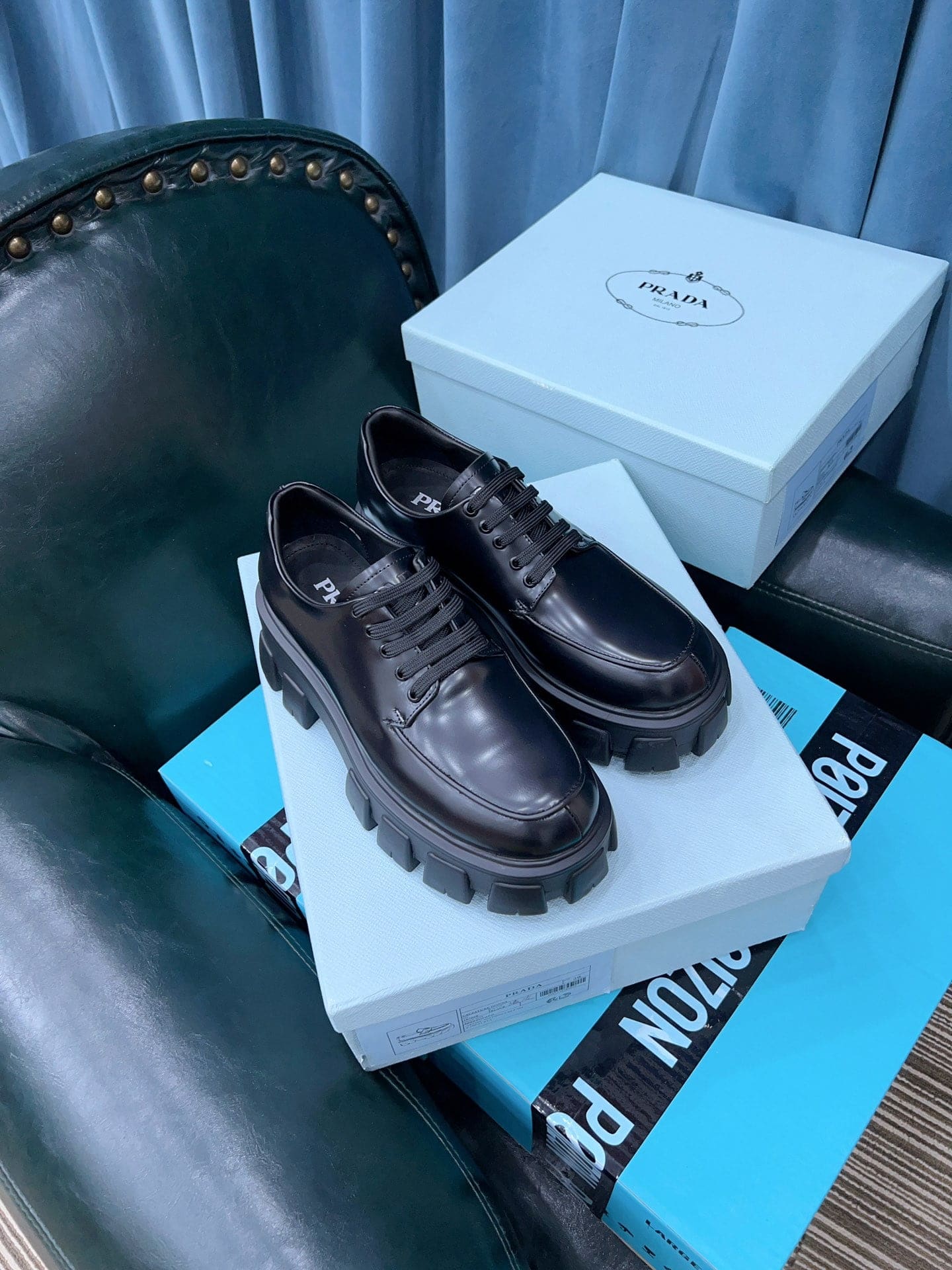 (1:1 replica) Prada Monolith Brushed Lace-Up Shoes Black For Women 2.4in/60mm PRD 2EE356_B4L_F0002