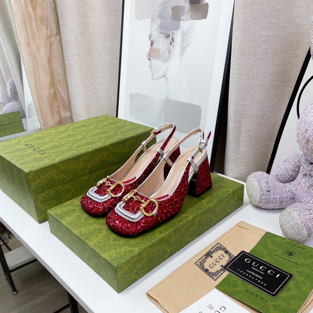 (1:1 replica) Gucci Lovelight Slingback Mid-Heel With Horsebit Red For Women GG