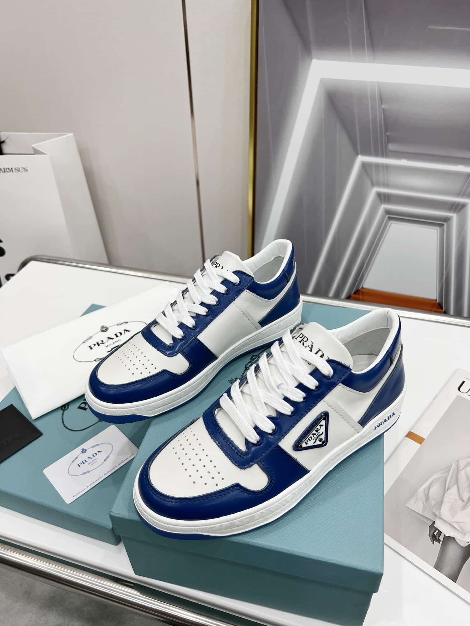 (1:1 replica) Prada Downtown Perforated Sneakers Blue/White For Women 1.2in/30mm PRD 2EE364_3LKG_F098Z