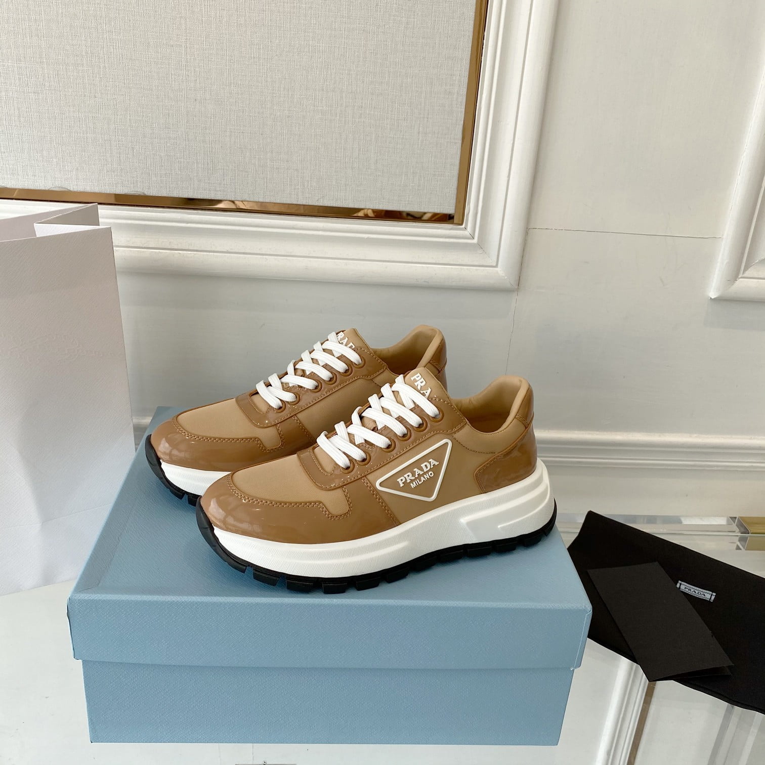 (1:1 replica) Prada Prax 01 Re-Nylon Gabardine Sneakers Brown For Women 1.8in/45mm PRD