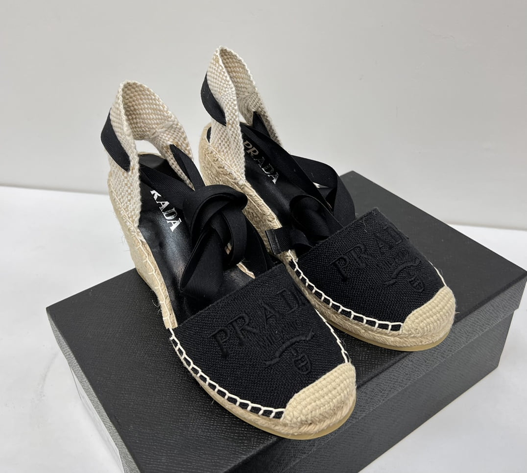 (1:1 replica) Prada Linen Espadrille Wedge Sandals Black For Women 3.5in/90mm PRD