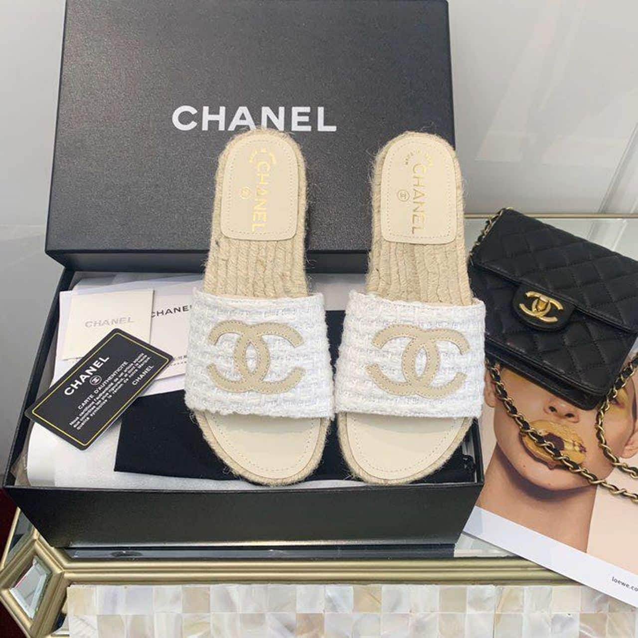 (1:1 replica) Chanel CC Espadrille Sandals Tweed/Calfskin Leather Spring/Summer Collection White/Beige