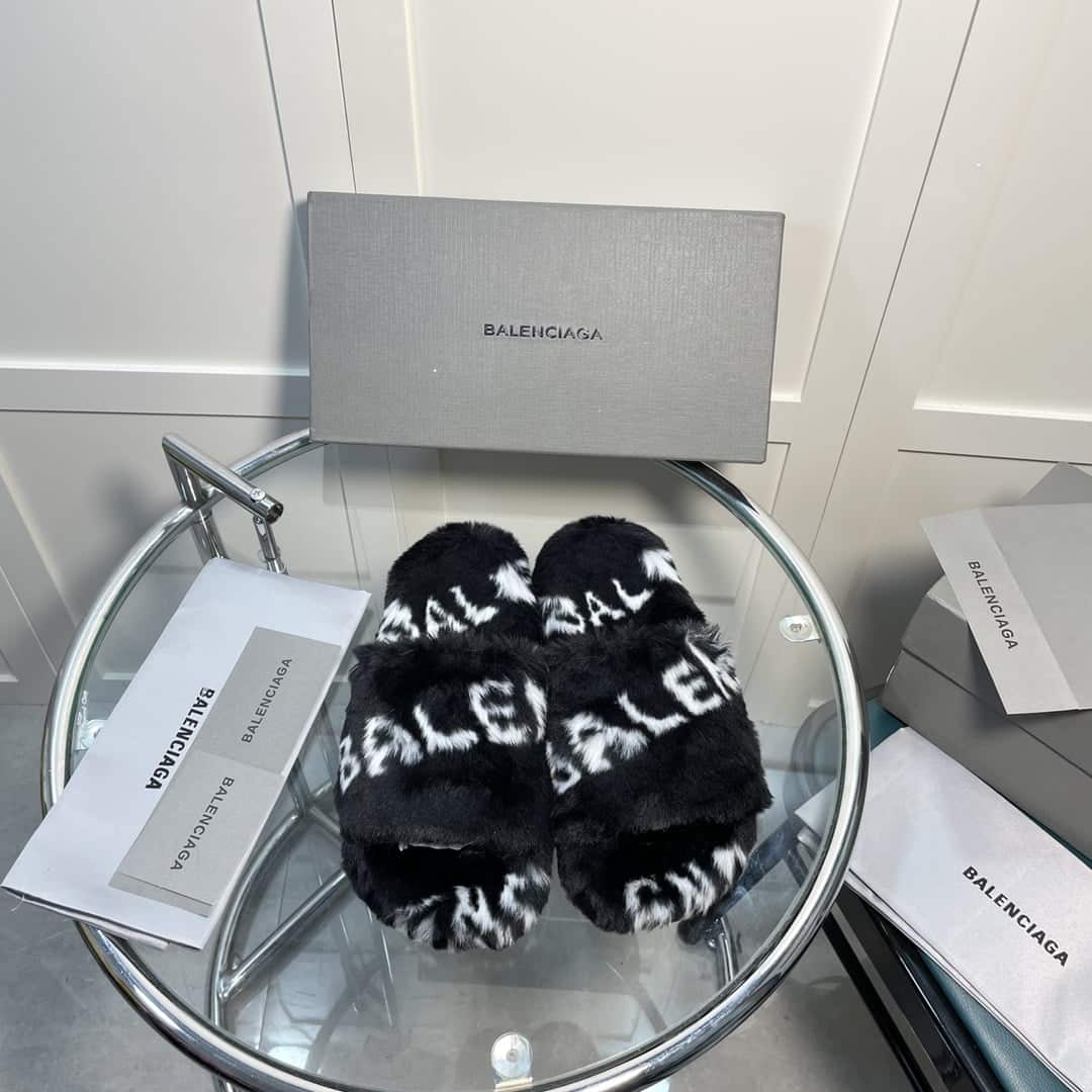 (1:1 replica) Balenciaga Furry Slide Sandal Allover Logo Black For Women 654261W2B411090