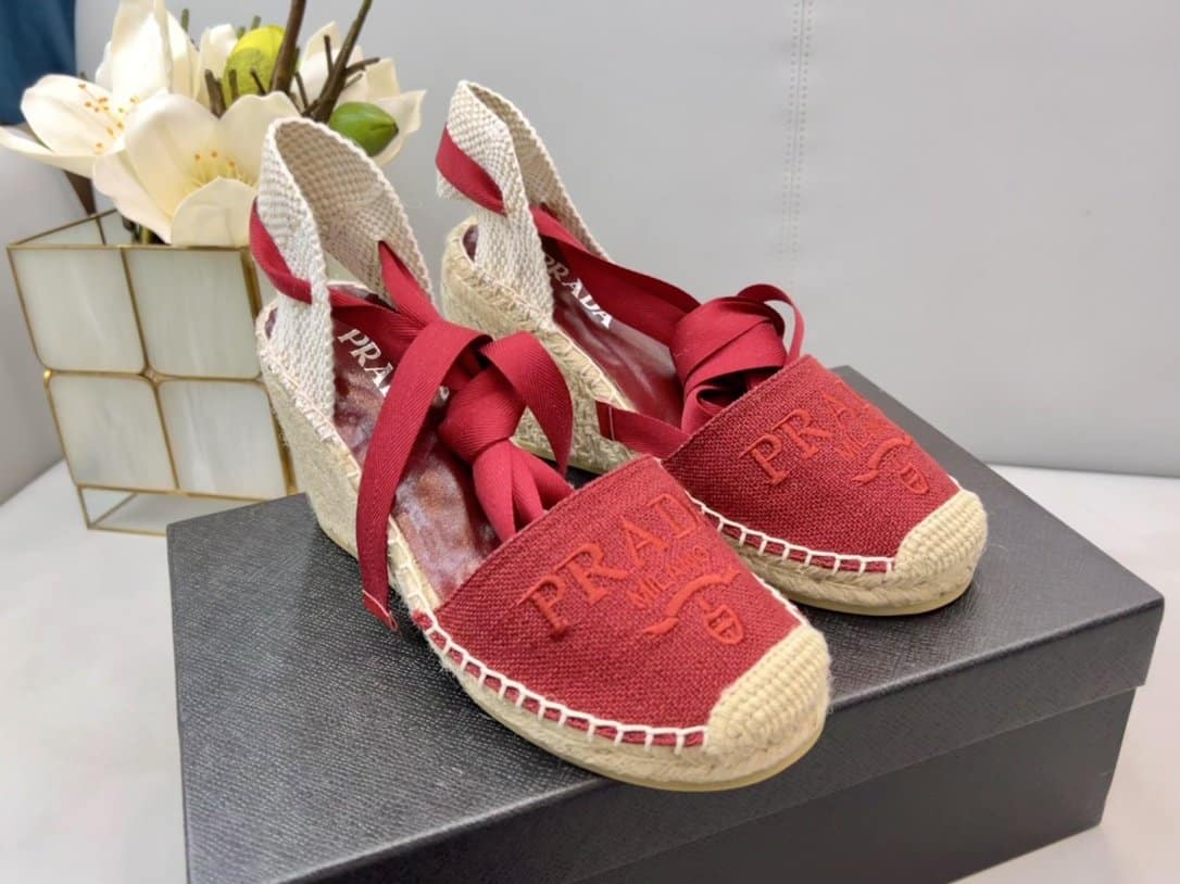 (1:1 replica) Prada Linen Espadrille Wedge Sandals Red For Women 3.5in/90mm PRD