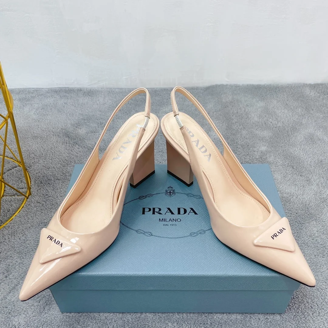 (1:1 replica) Prada Patent Sling-Back Pumps Beige For Women 3.5in/90mm PRD