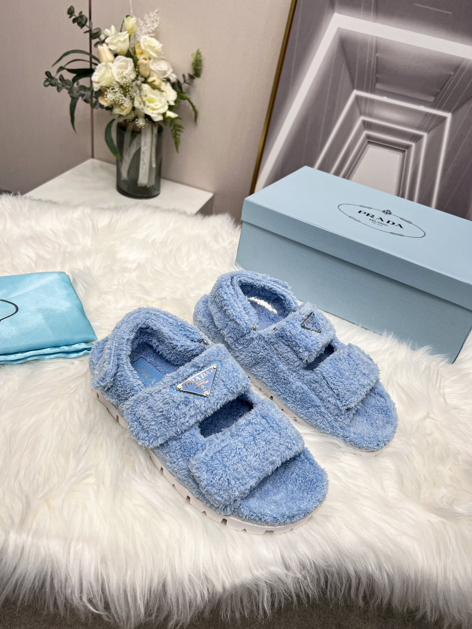 (1:1 replica) Prada Terrycloth Sandals Blue For Women 0.8in/20mm PRD 1X737M_H39_F0076_F_D020