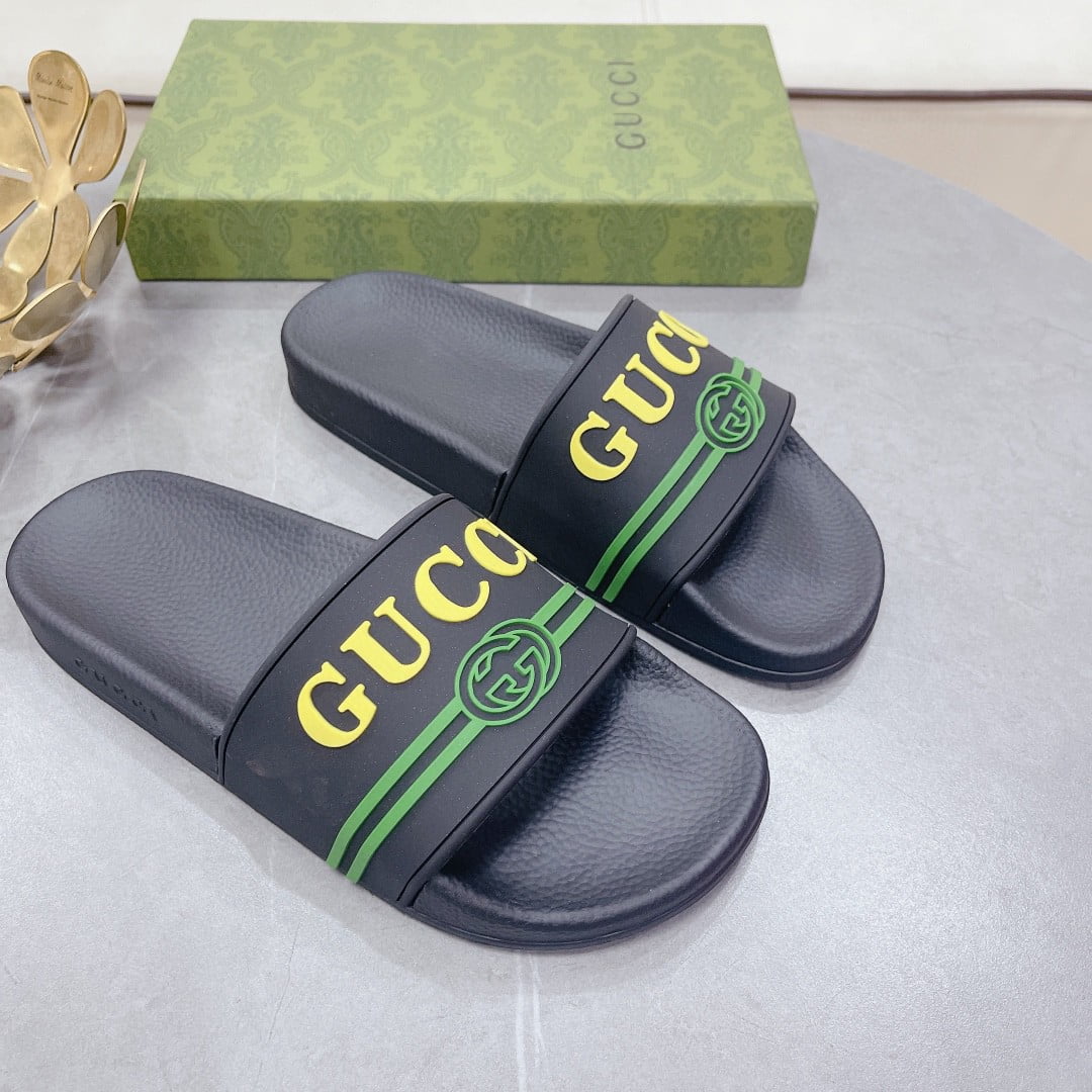 (1:1 replica) Gucci Women s Logo Rubber Slide Black Green And Yellow For Women 522887