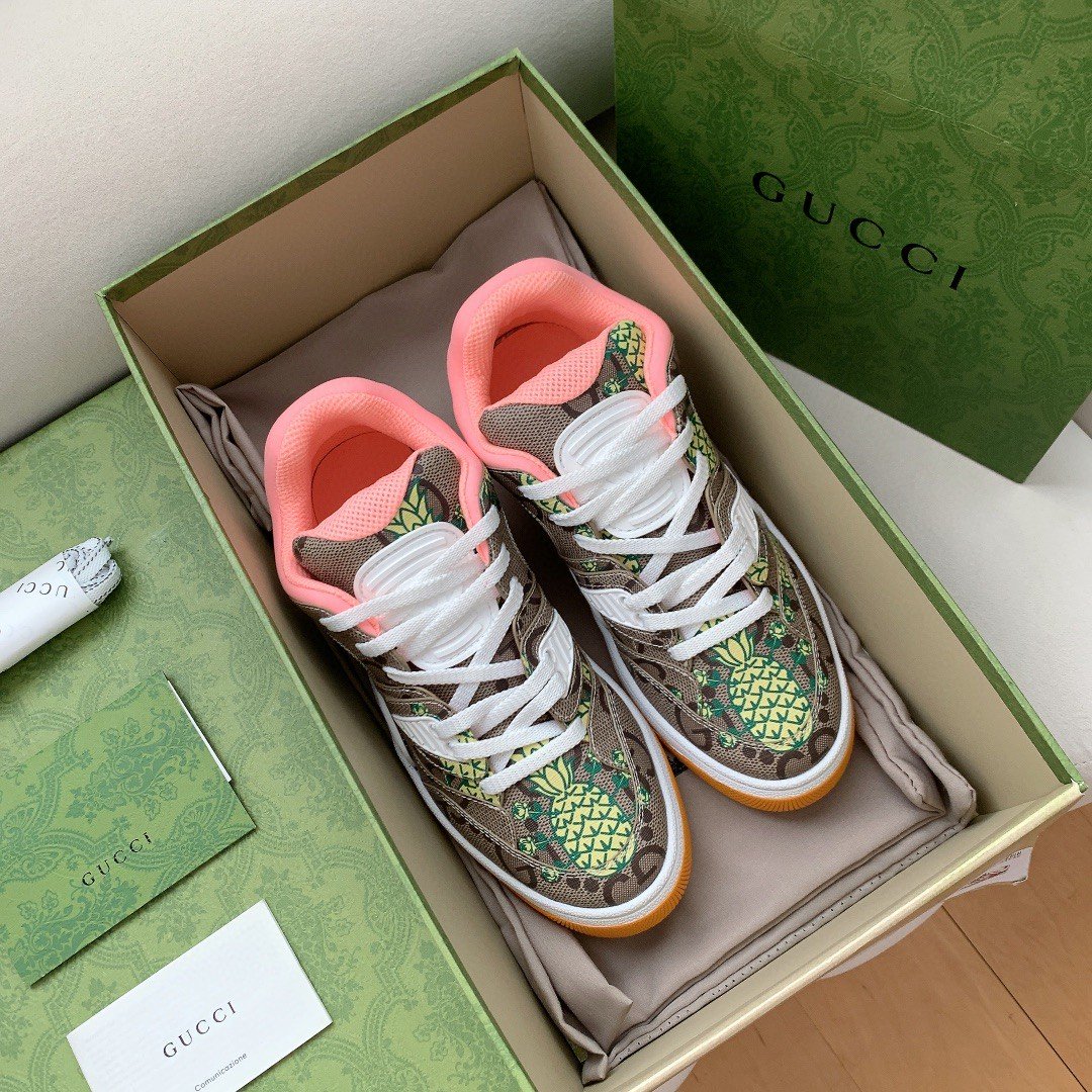 (1:1 replica) Gucci Women s Basket Sneaker Print Pineapple Brown Pink For Women 661301