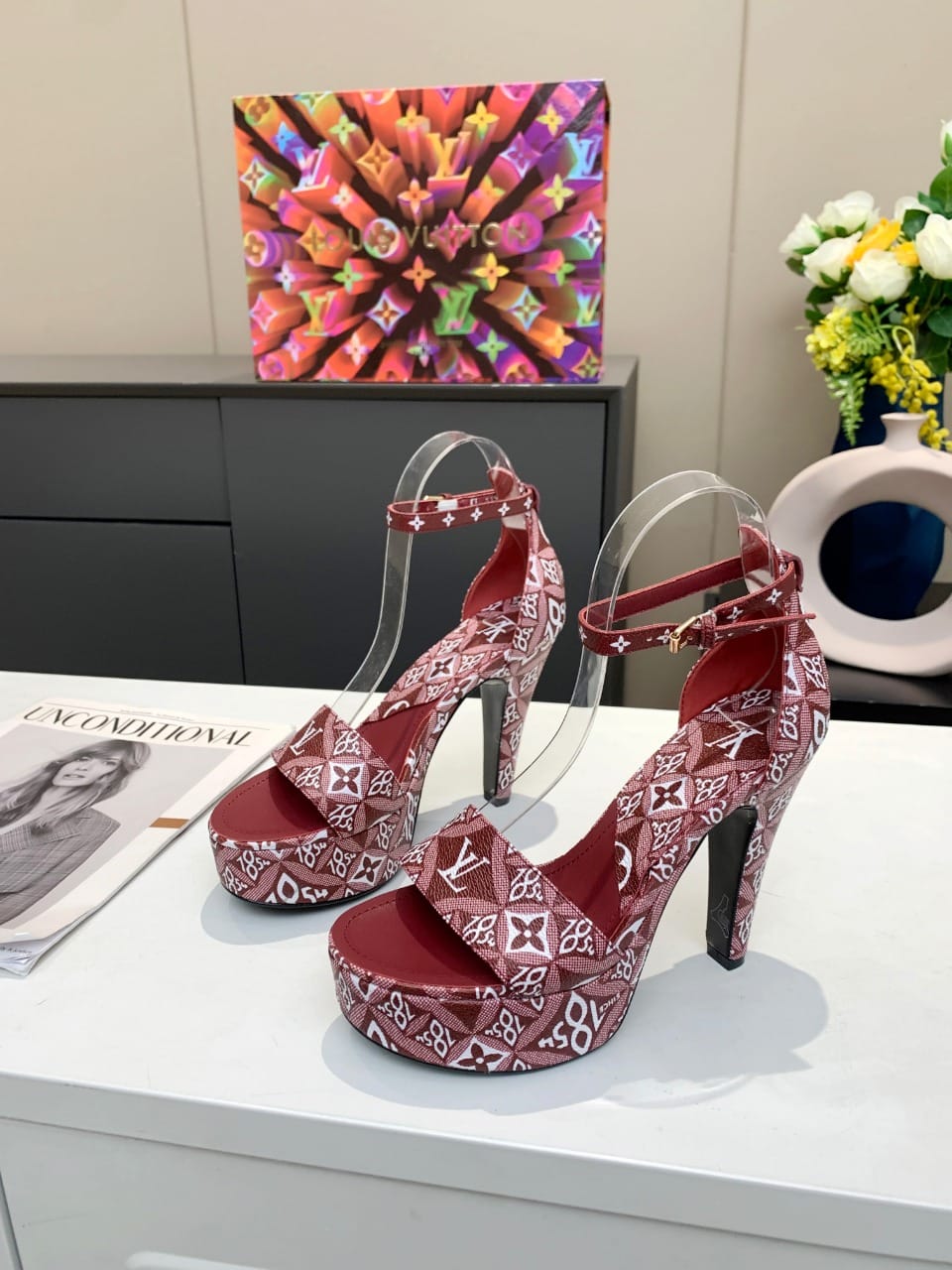 (1:1 replica) Louis Vuitton Women s Afterglow Platform Sandal Dark Red For Women LV