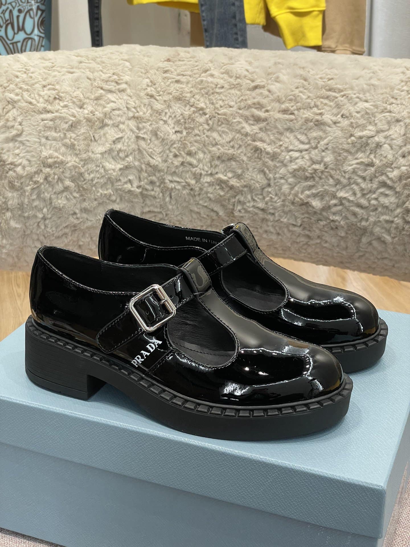 (1:1 replica) Prada Brushed Mary Jane T-strap Shoes Shiny Black For Women 2in/50mm PRD