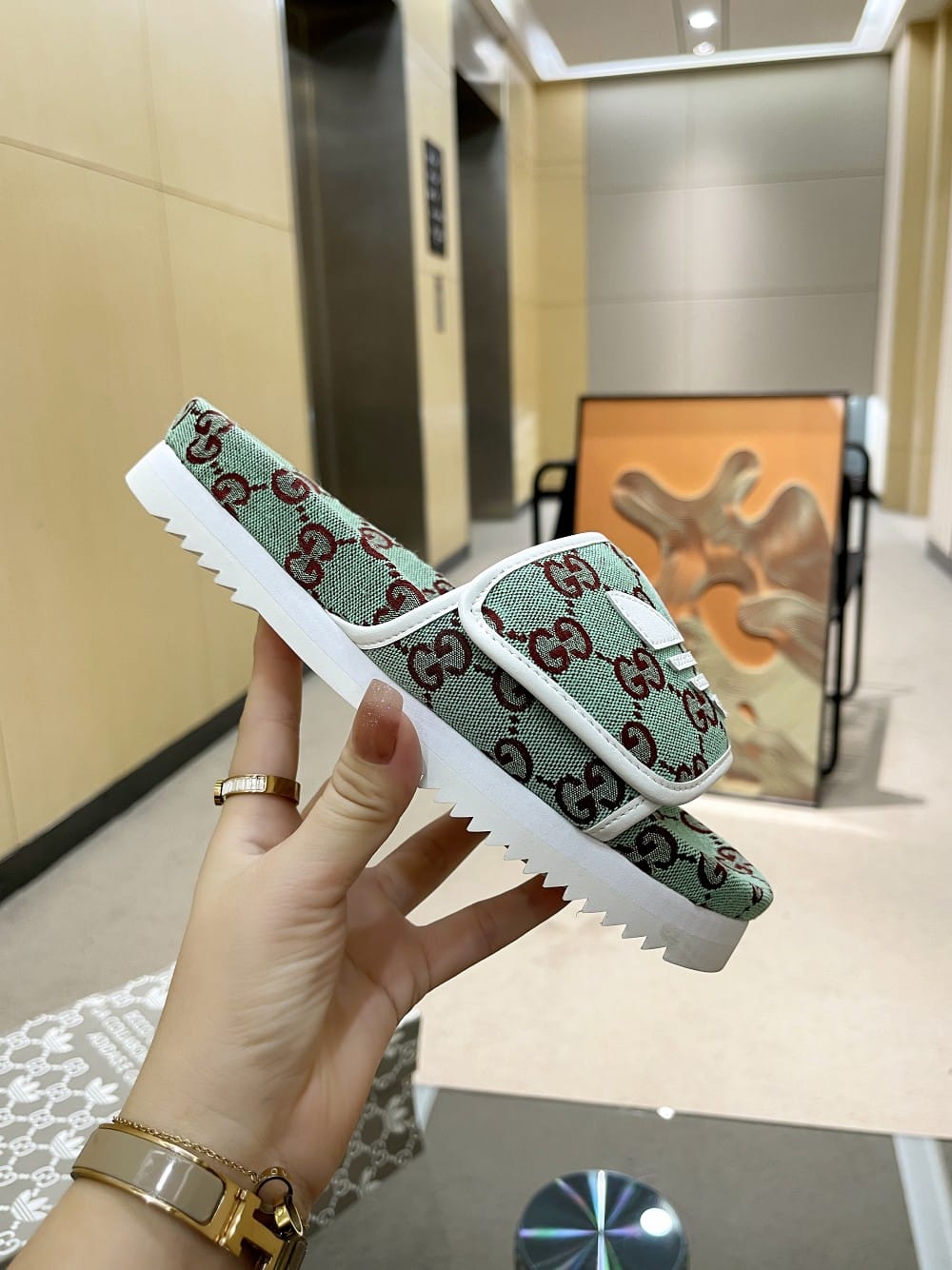 (1:1 replica) Gucci x Adidas Women s GG Platform Sandal Light Grey For Women GG
