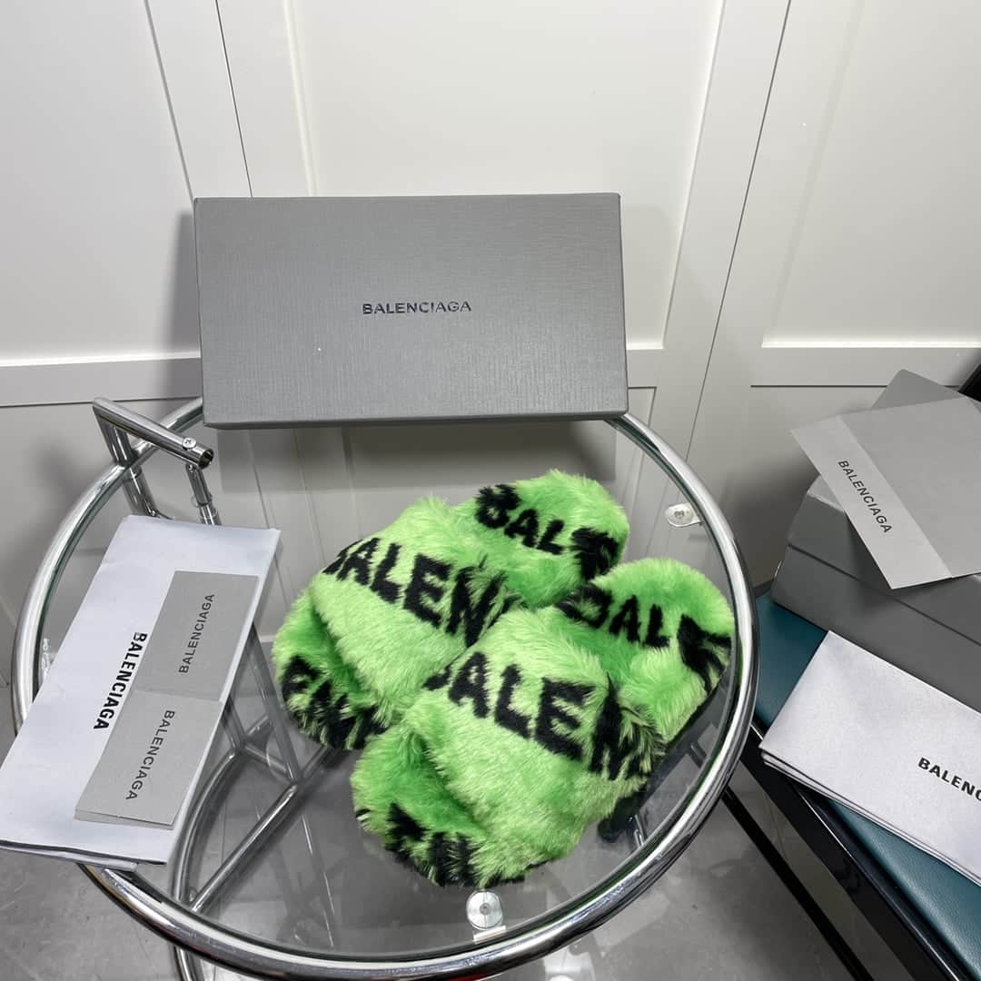 (1:1 replica) Balenciaga Furry Slide Sandal Allover Logo Green For Women