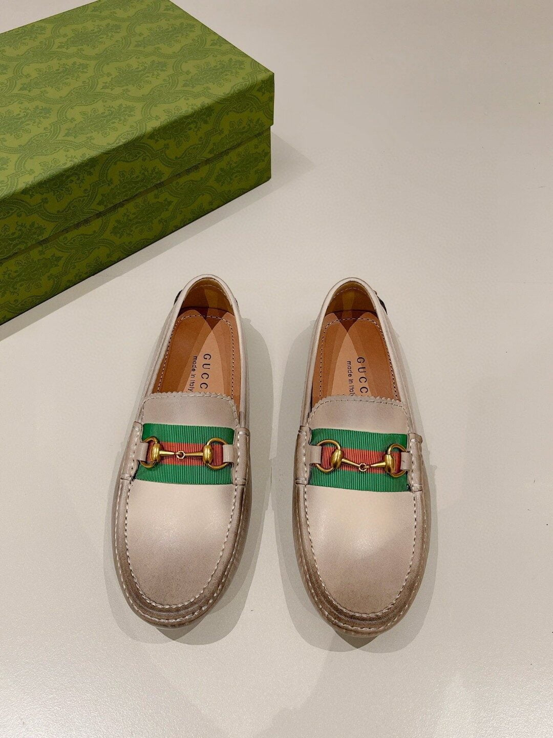 (1:1 replica) Gucci Women s Horsebit Driver With Web Distressed Beige