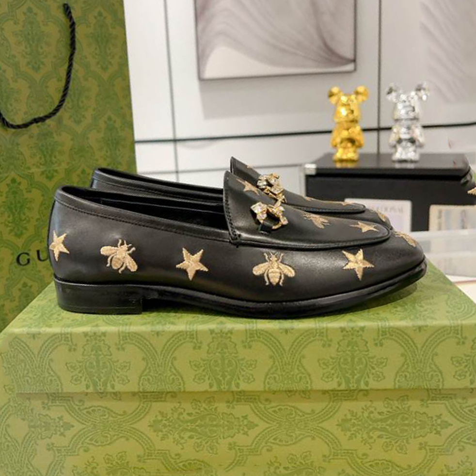 (1:1 replica) Gucci Jordaan Black Bee Star Embroidered Leather Loafer GL077