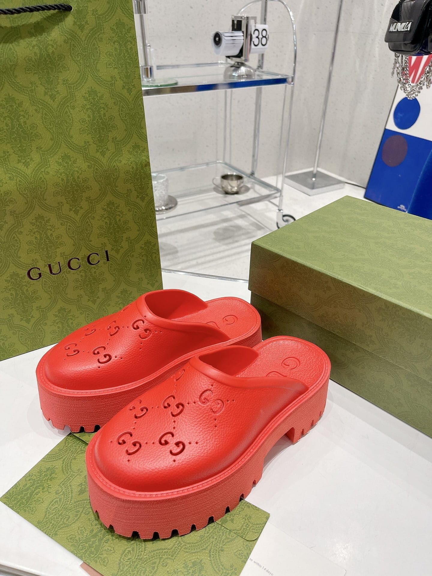 (1:1 replica) Gucci Women s Platform Perforated G Sandal Red For Women GG