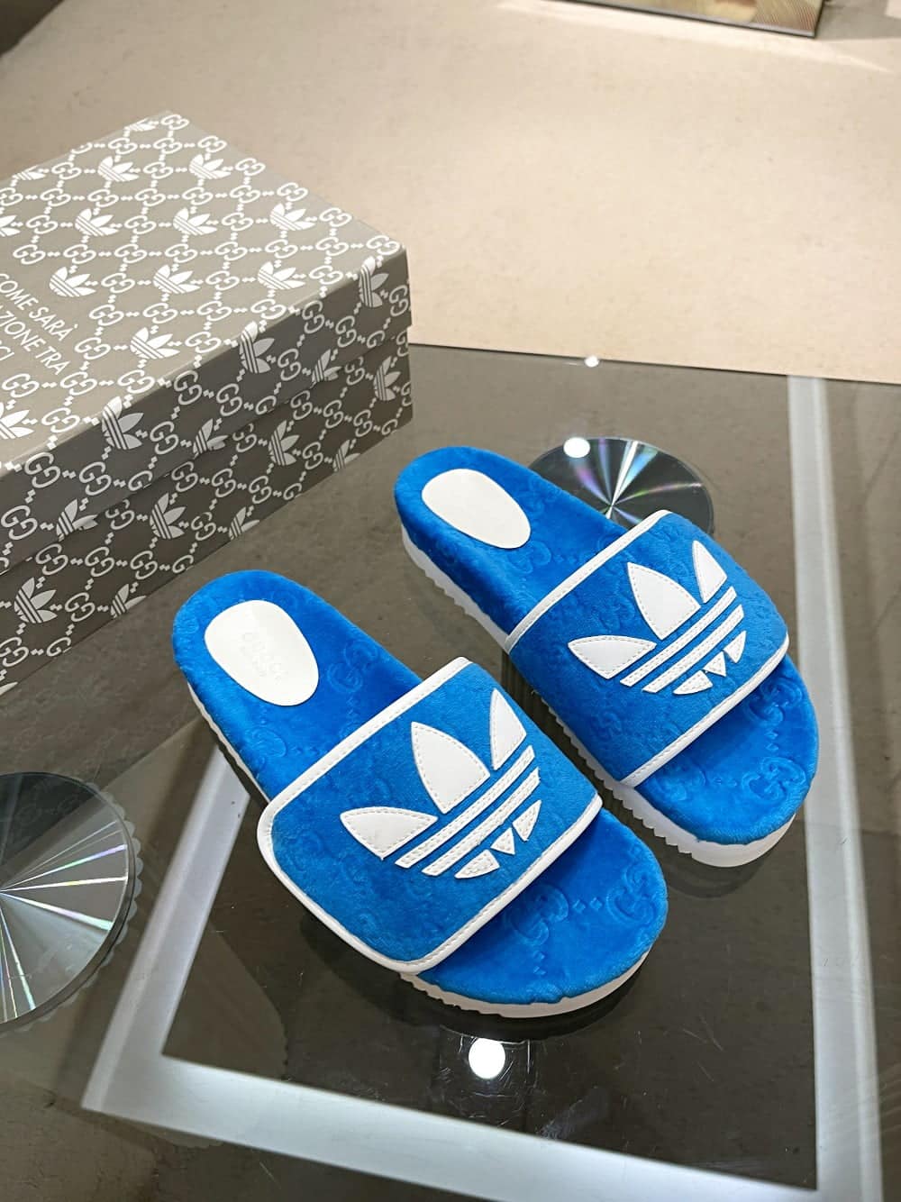 (1:1 replica) Gucci x Adidas Women s GG Platform Sandal Blue For Women GG