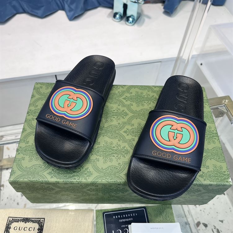 (1:1 replica) GUCCI SLIDE INTERLOCKING G LEATHER BLACK FOR MEN GSL008