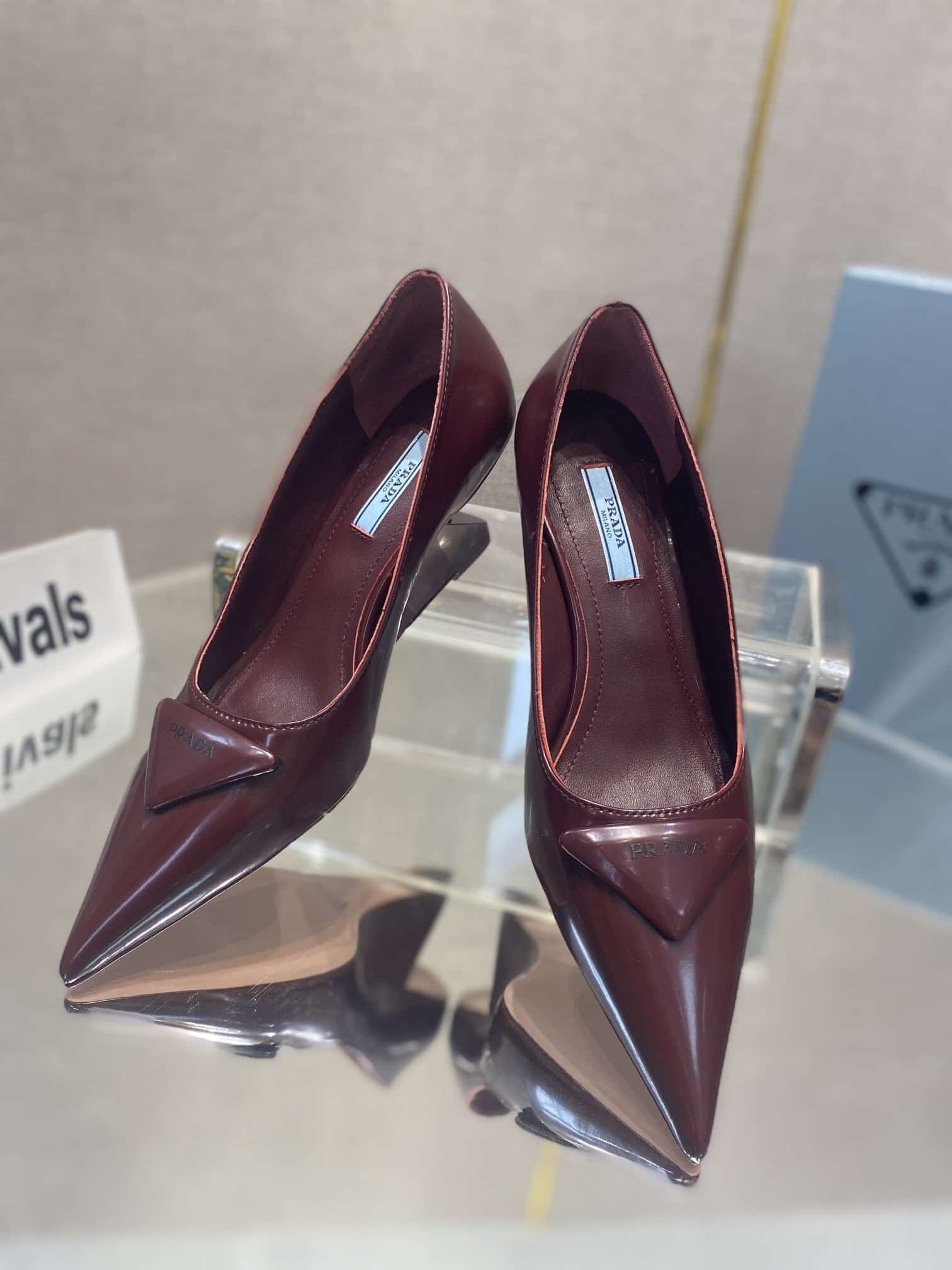 (1:1 replica) Prada Brushed Pumps Burgundy For Women 2.6in/65mm PRD