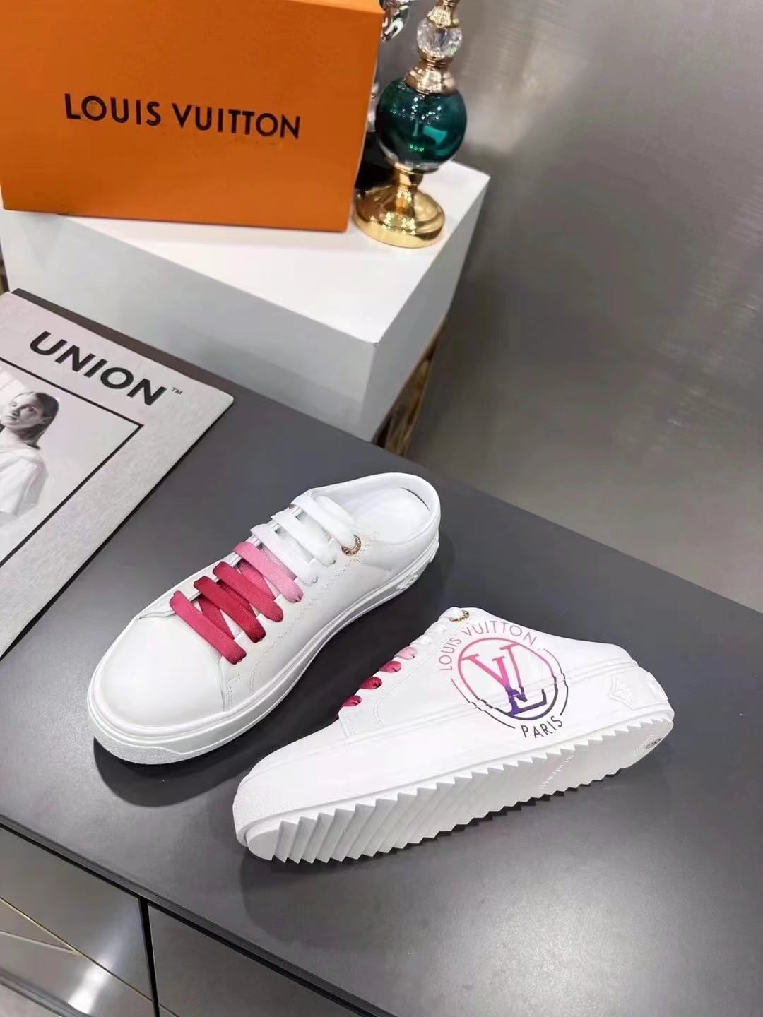 (1:1 replica) Louis Vuitton Women s Time Out Open-Back Sneaker Fuchsia Pink For Women LV 1AA1CD