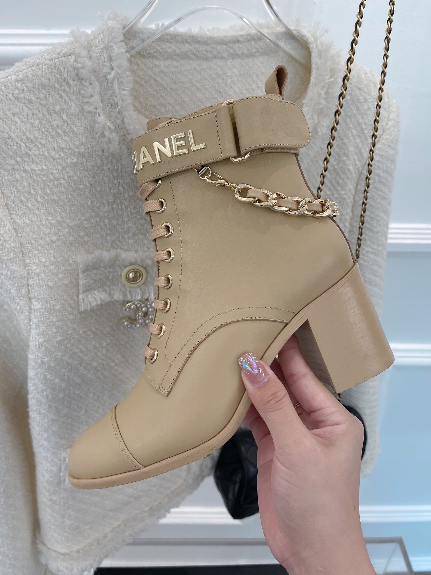 (1:1 replica) Chanel Women s Lace-Up With Chain Beige For Women 3.7in/9.5cm