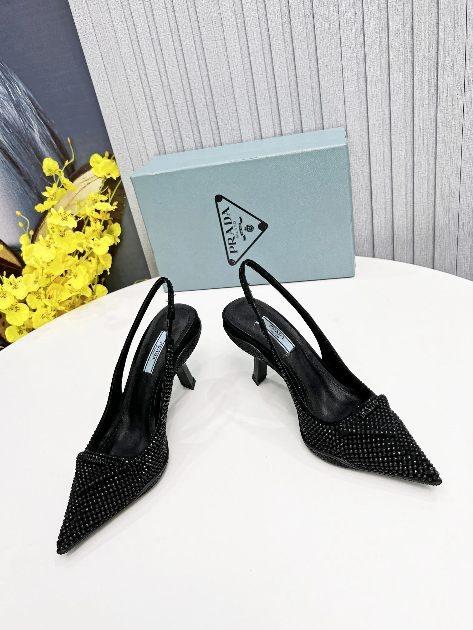 (1:1 replica) Prada Satin Slingback Pumps With Crystals Black For Women 2.2in/55mm PRD