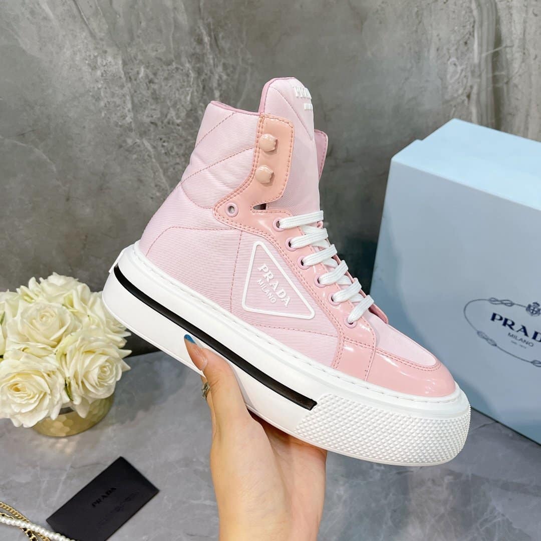 (1:1 replica) Prada Macro Re-Nylon And Brushed High-Top Sneakers Pink For Women 1.8in/45mm PRD