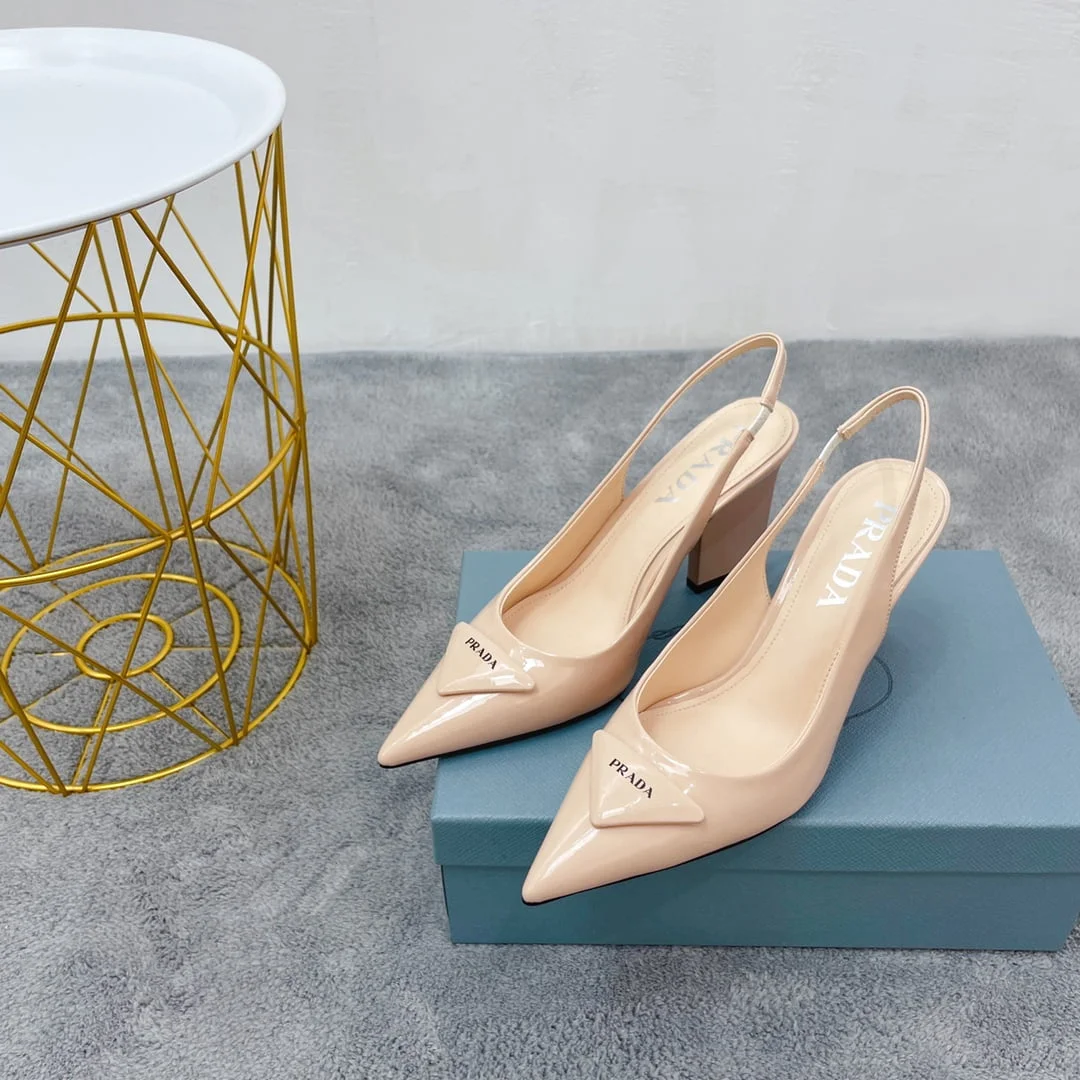 (1:1 replica) Prada Patent Sling-Back Pumps Beige For Women 3.5in/90mm PRD