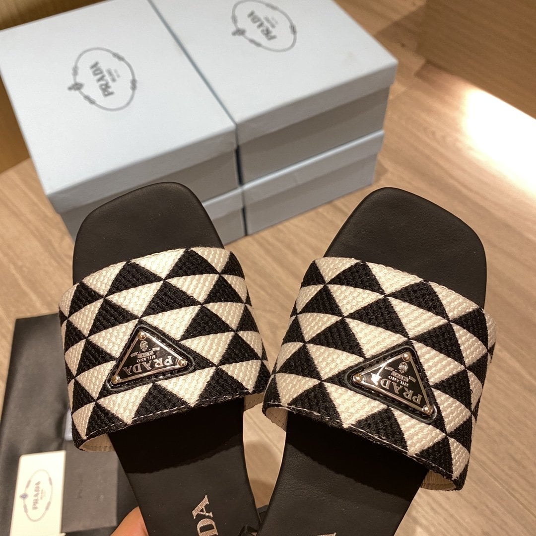 (1:1 replica) Prada Embroidered Fabric Slides Black/White For Women 0.4in/10mm PRD