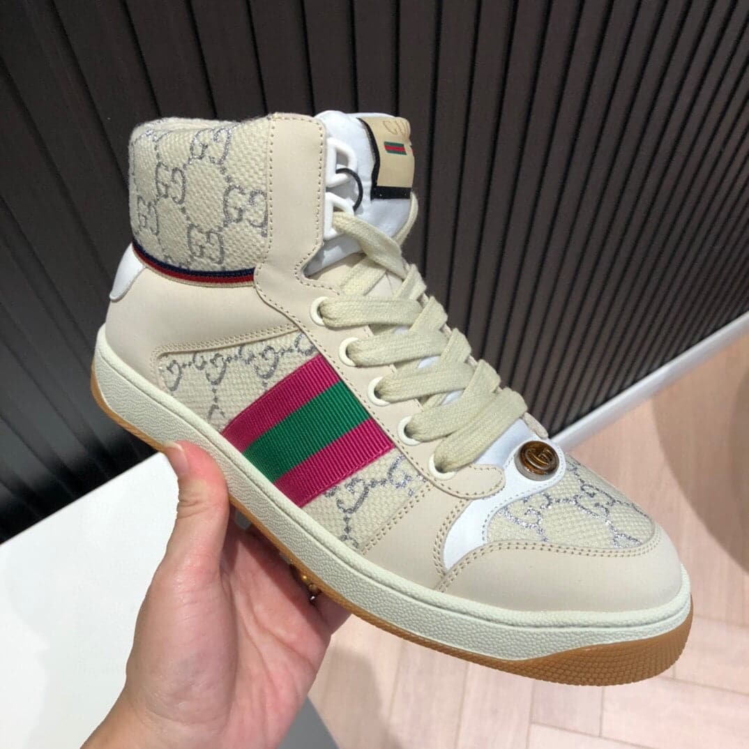 (1:1 replica) Gucci Women s Screener GG High-Top Beige Pink Green For Women 5637309