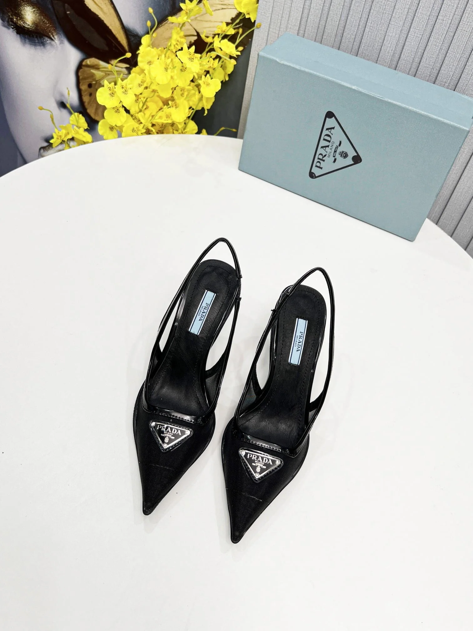 (1:1 replica) Prada Mesh Fabric Slingback Pumps Black For Women PRD 1I828M_099_F0002_F_045