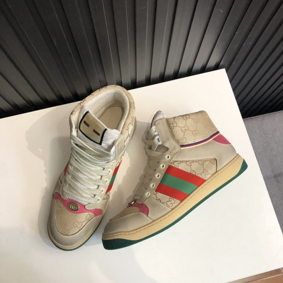 (1:1 replica) Gucci Women s Screener GG Distressed High Top Off-White Pink For Women 5637309