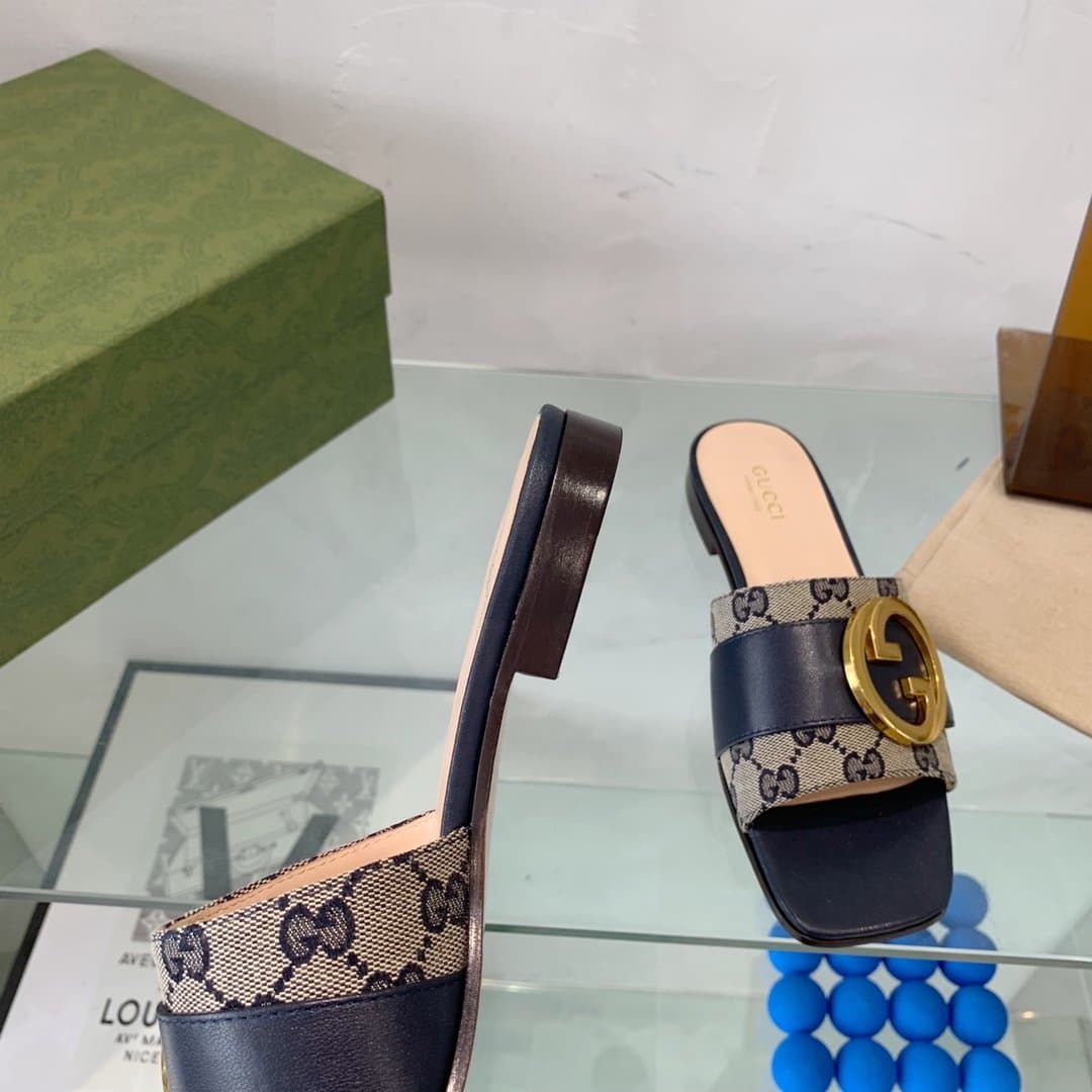 (1:1 replica) Gucci Blondie Matelasse Canvas Slide Sandal Black For Women GG