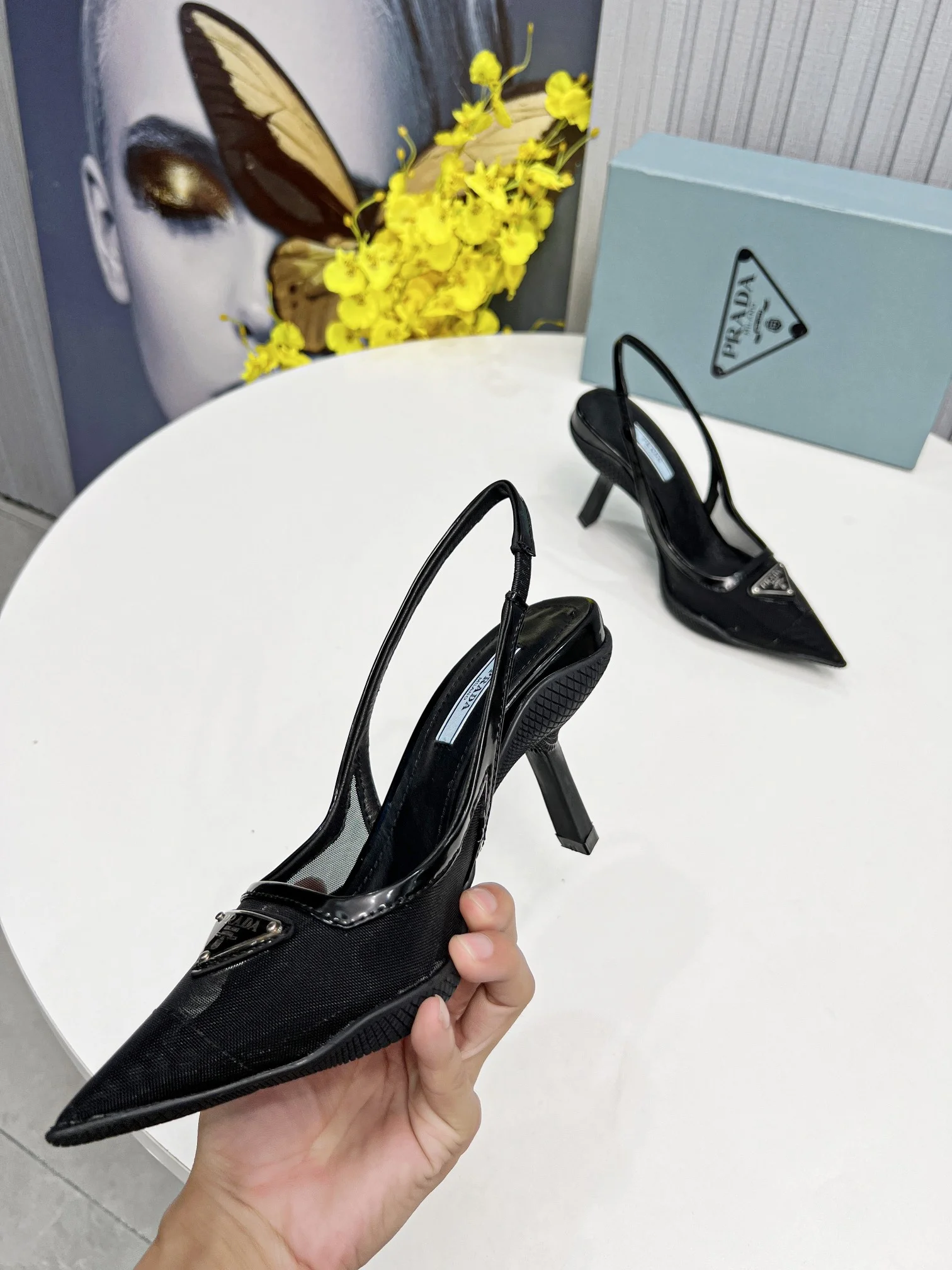 (1:1 replica) Prada Mesh Fabric Slingback Pumps Black For Women PRD 1I828M_099_F0002_F_045