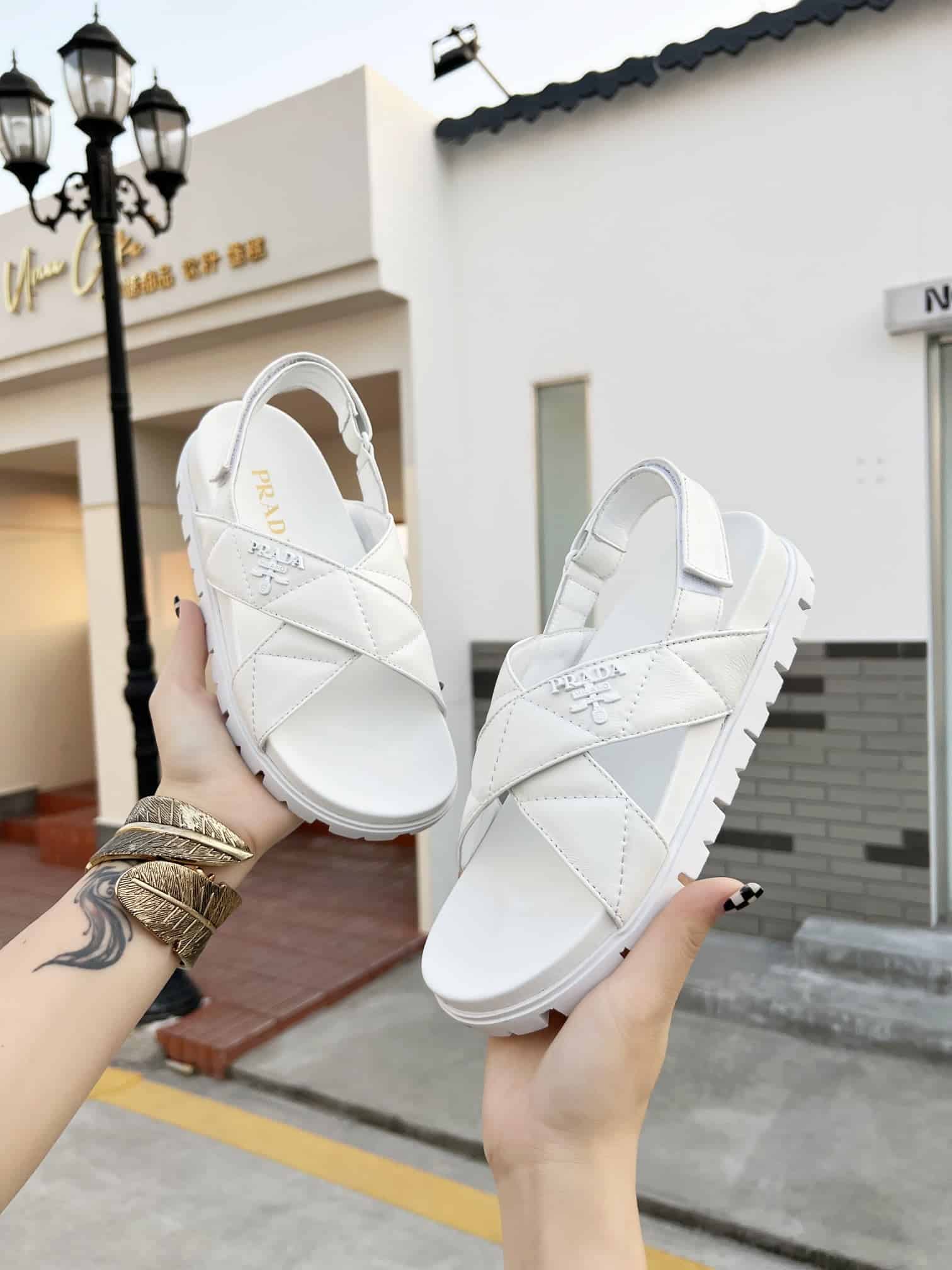 (1:1 replica) Prada Quilted Nappa Flatform Sandals White For Women 1.4in/35mm PRD 1XZ749_038_F0009_F_035