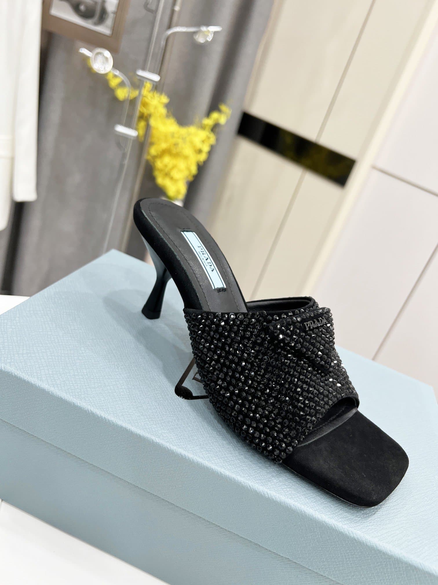 (1:1 replica) Prada Satin Heeled Sandals With Crystals Black For Women 2.55in/65mm PRD 1XX608_2AWL_F0002_F_065
