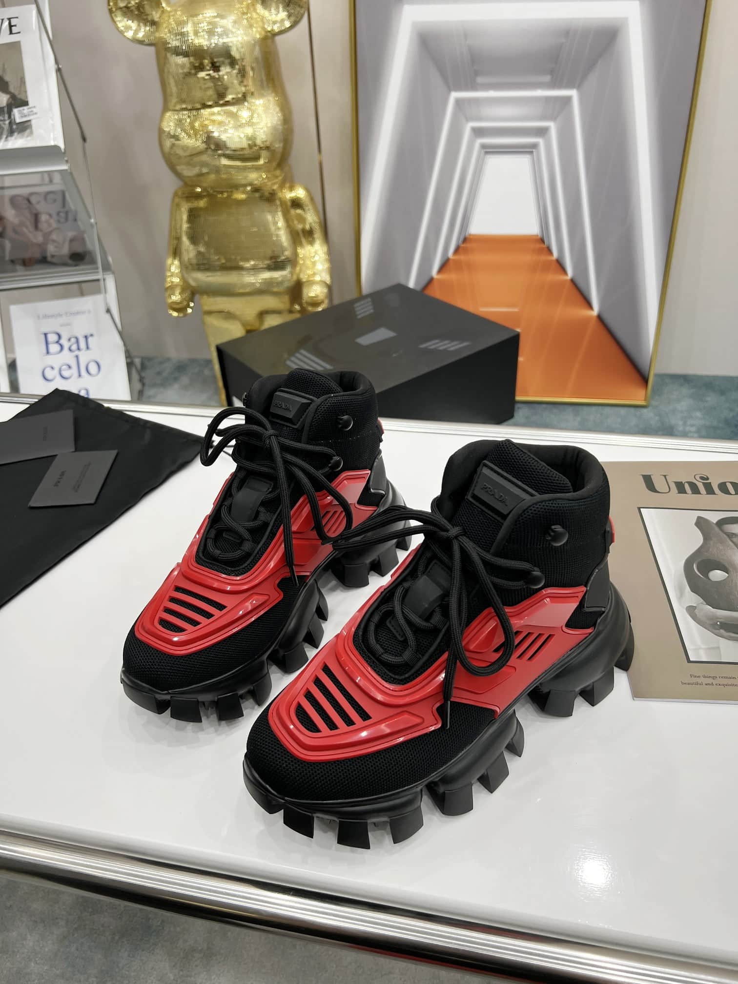 (1:1 replica) Prada Cloudbust Thunder High-Top Sneakers Red/Black For Women 1.9in/50mm PRD