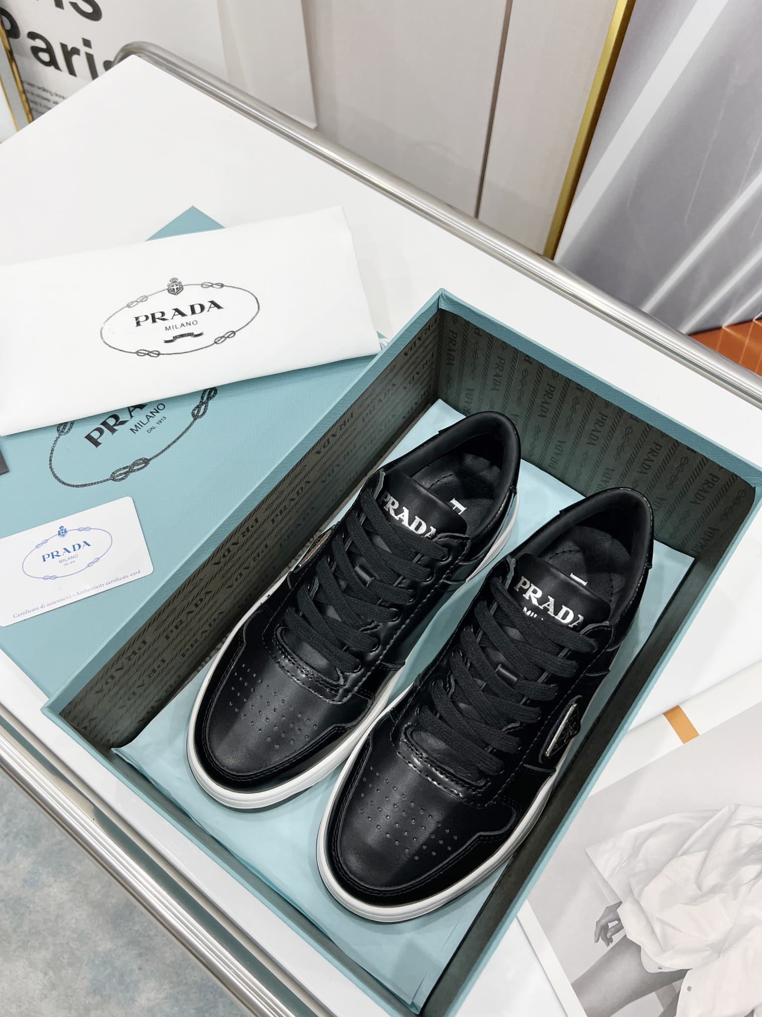 (1:1 replica) Prada Downtown Perforated Sneakers Black For Women 1.2in/30mm PRD