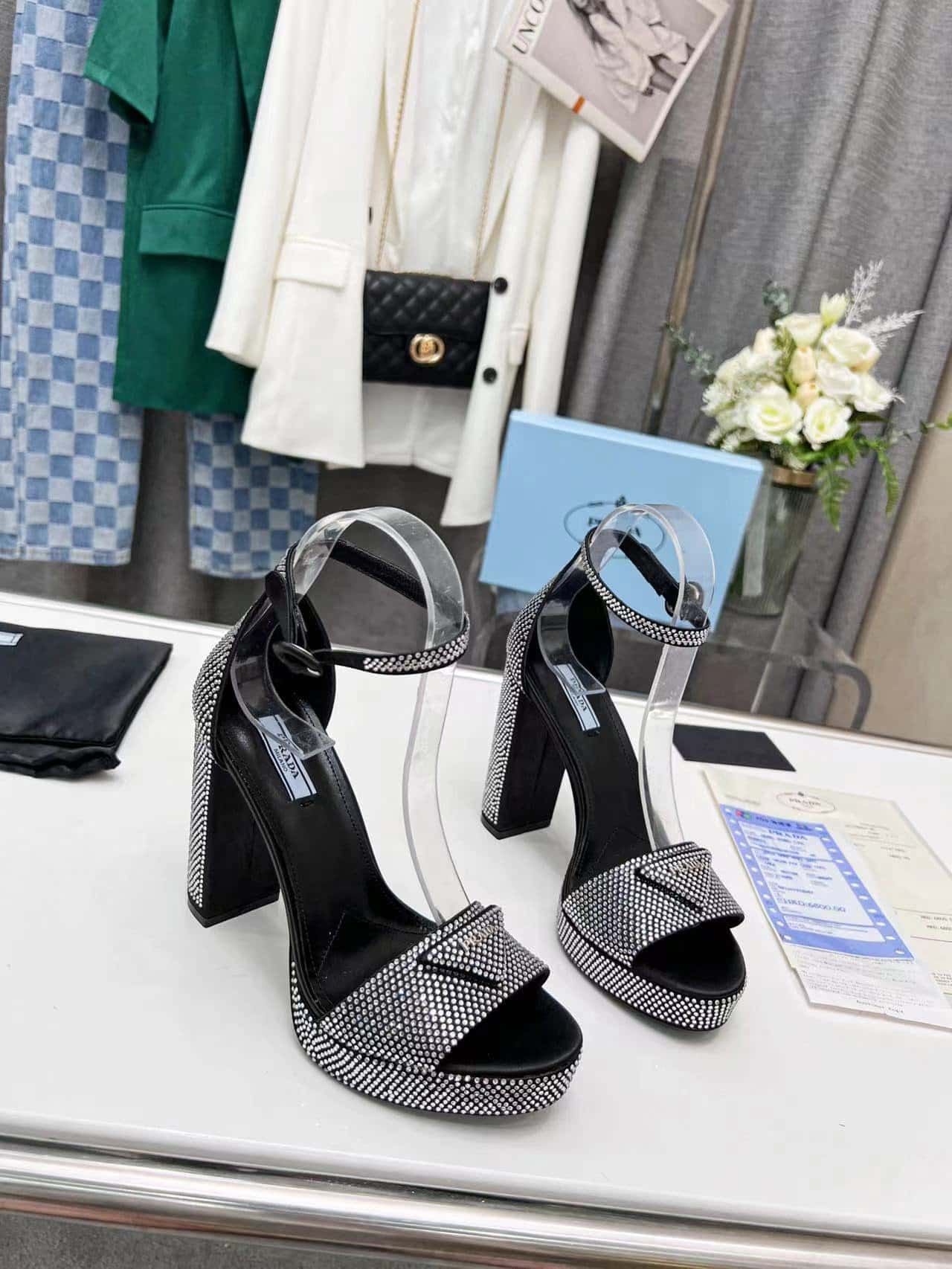 (1:1 replica) Prada Satin Platform Sandals With Crystals Black For Women 5.3in/135mm PRD 1XP53B_2AWL_F0T7O_F_135