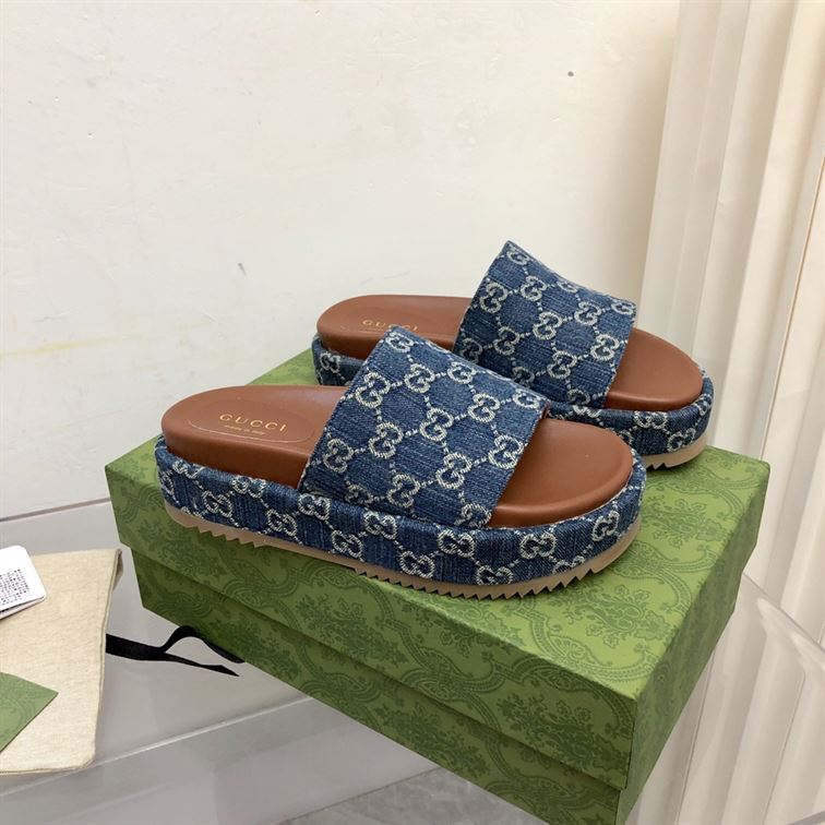 (1:1 replica) GUCCI ANGELINA LOGO-JACQUARD COATED-CANVAS PLATFORM SLIDES GSL024