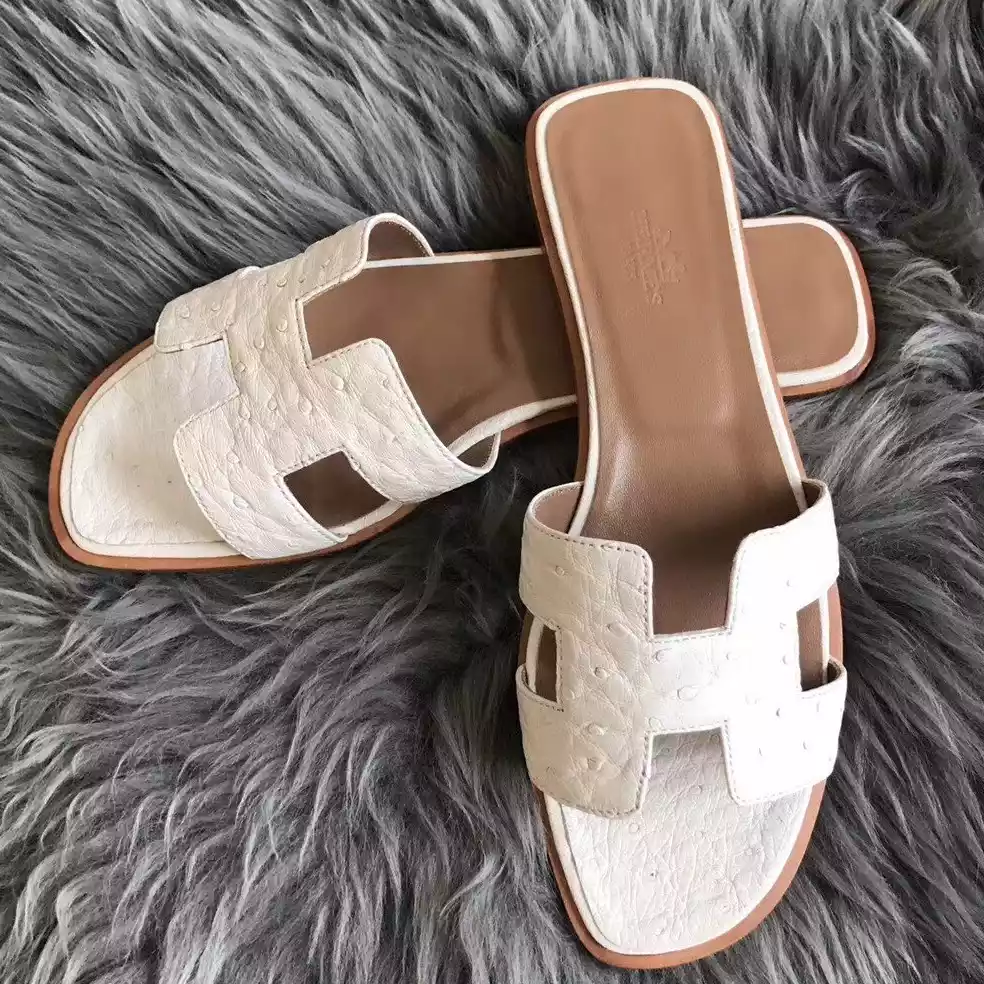 (1:1 replica) HERMES ORAN SLIDE SANDALS IN WHITE OSTRICH LEATHER HMSD082