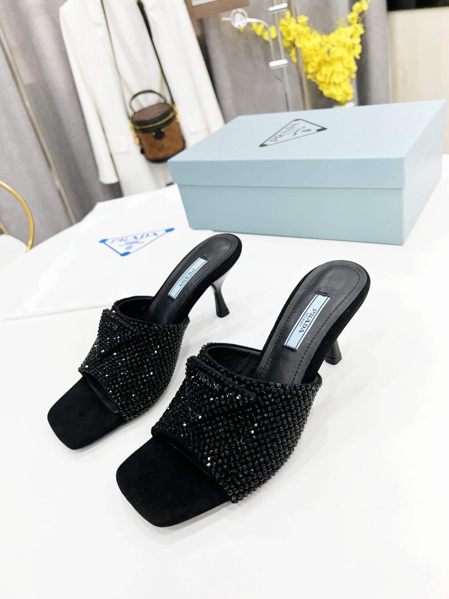 (1:1 replica) Prada Satin Heeled Sandals With Crystals Black For Women 2.55in/65mm PRD 1XX608_2AWL_F0002_F_065
