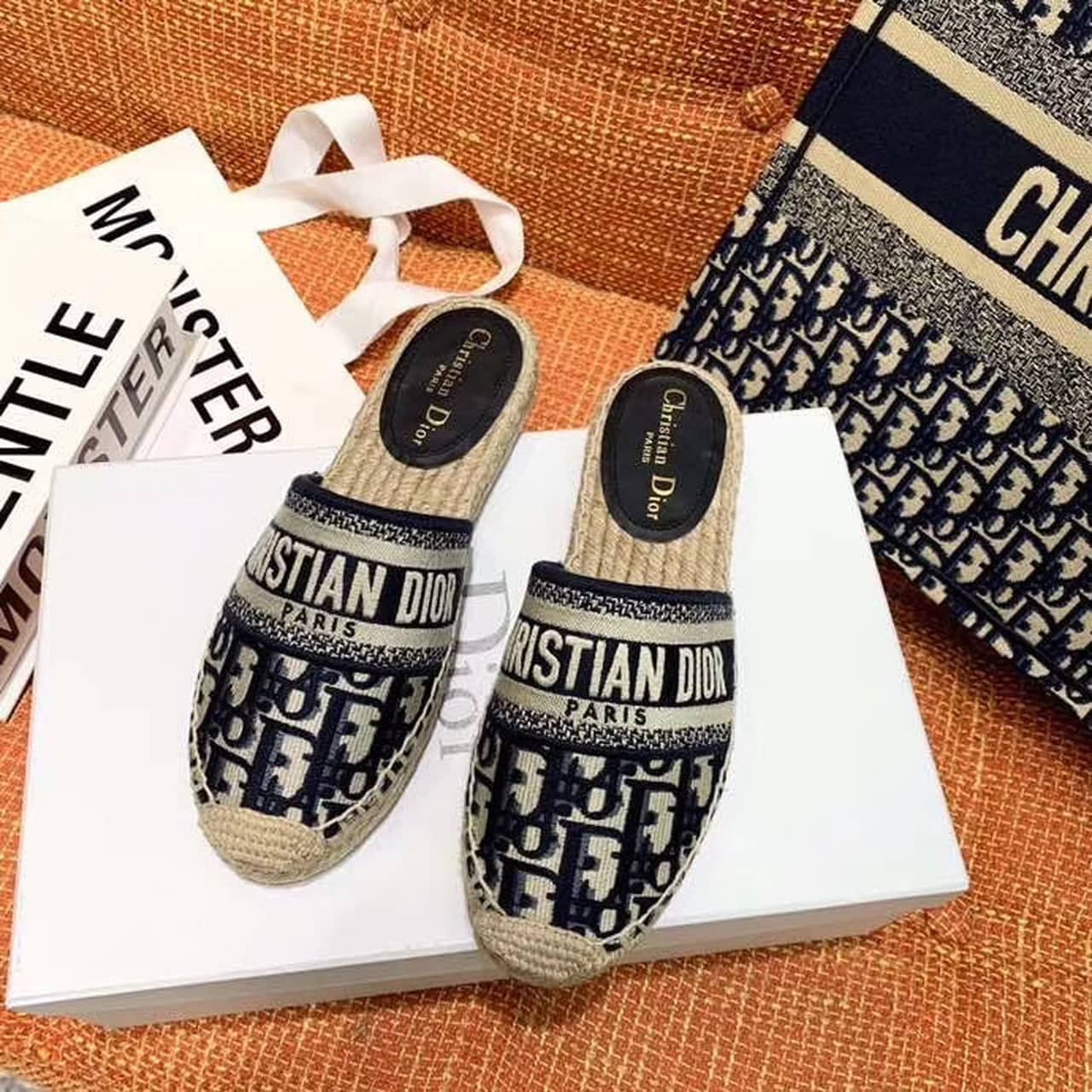 (1:1 replica) Christian Dior Granville Mule Embroidered Cotton Deep Blue For Women CD KDB593OBE_S56B
