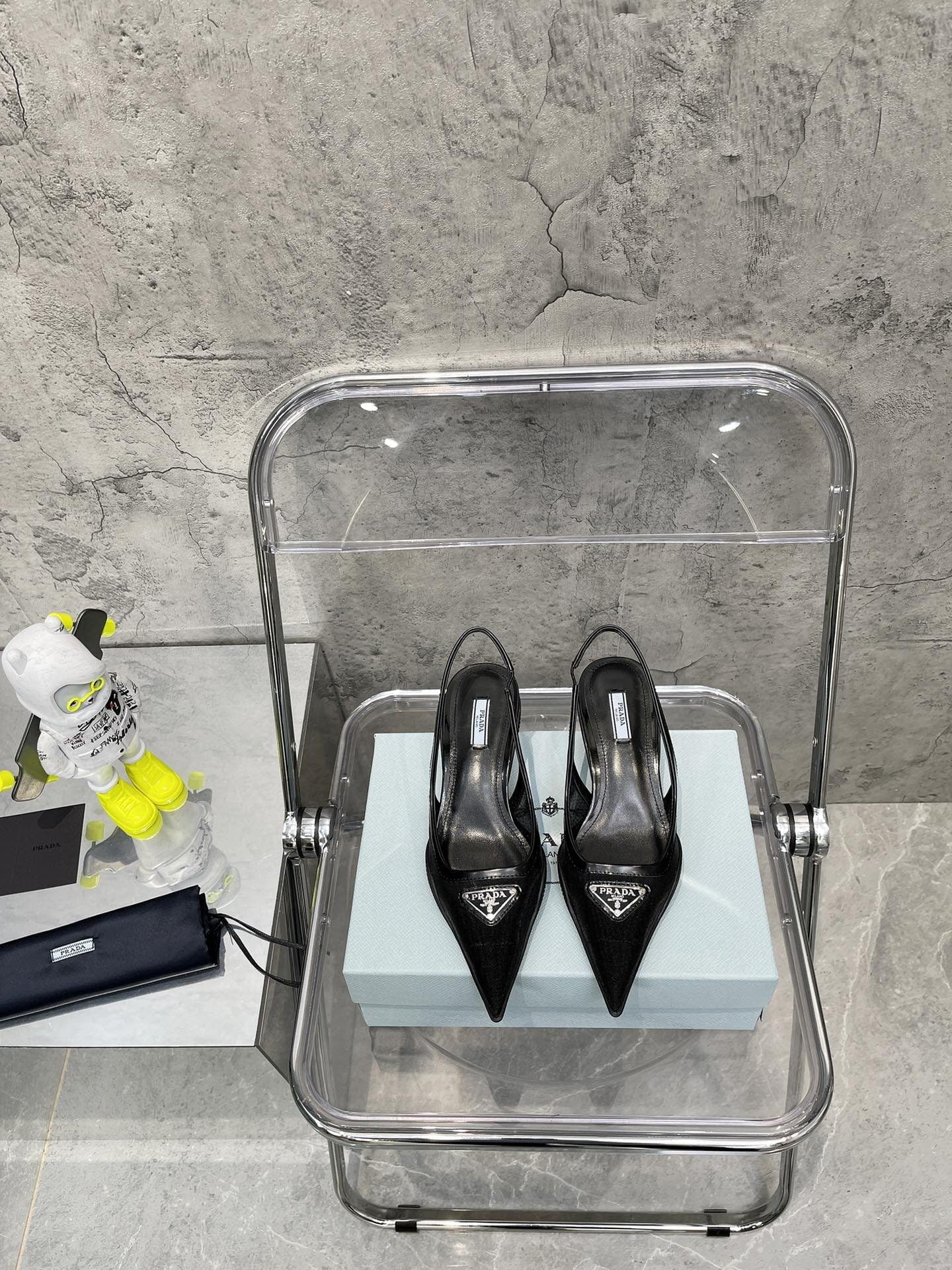 (1:1 replica) Prada Mesh Fabric Slingback Pumps Black For Women PRD 1I828M_099_F0002_F_045