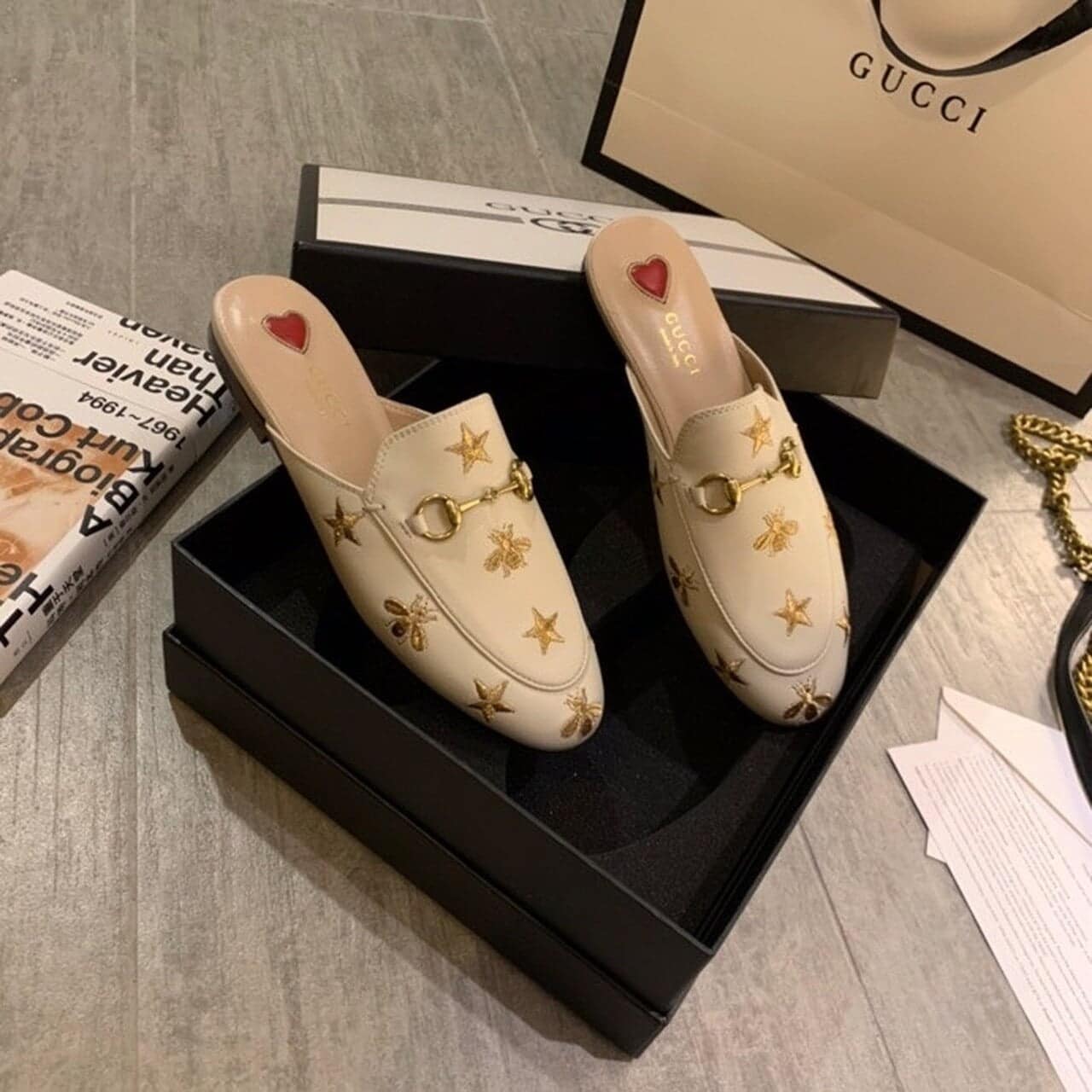 (1:1 replica) Gucci Princetown Slipper With Bee Stars Beige For Women GG
