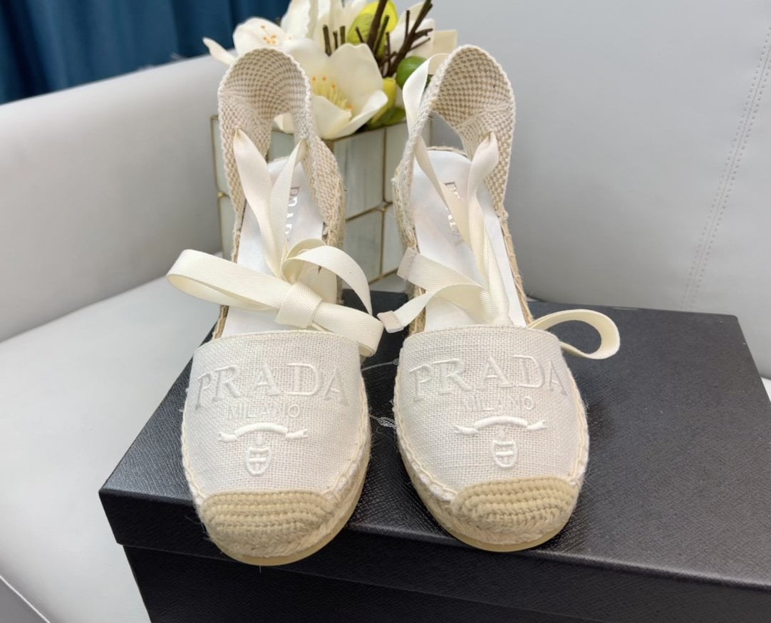 (1:1 replica) Prada Linen Espadrille Wedge Sandals White For Women 3.5in/90mm PRD