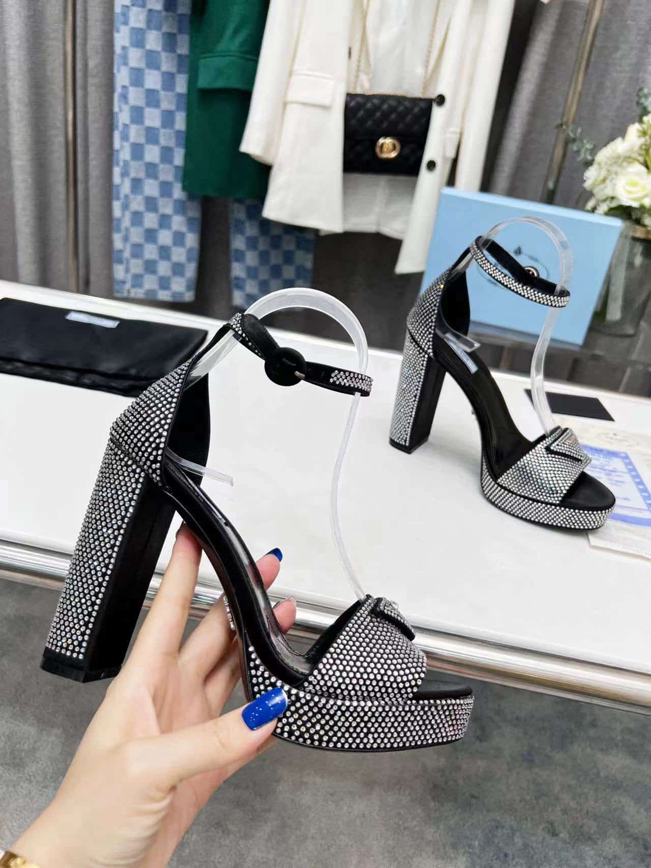 (1:1 replica) Prada Satin Platform Sandals With Crystals Black For Women 5.3in/135mm PRD 1XP53B_2AWL_F0T7O_F_135