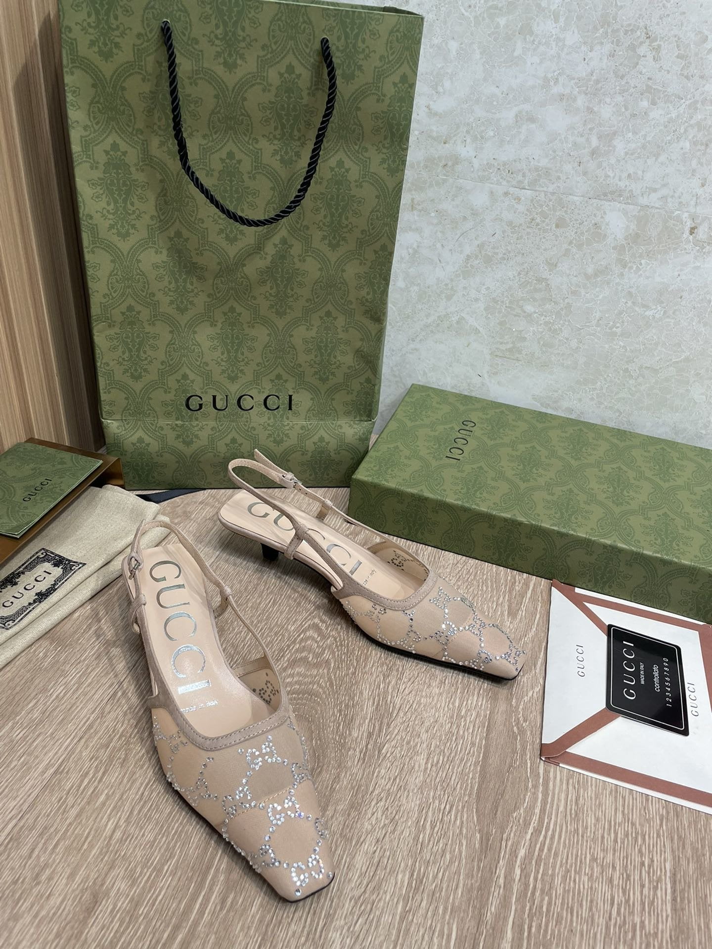 (1:1 replica) Gucci Women s GG lingback Pump By Rose Mesh With GG Crystals Brown For Women GG 674668 F13A0 9960