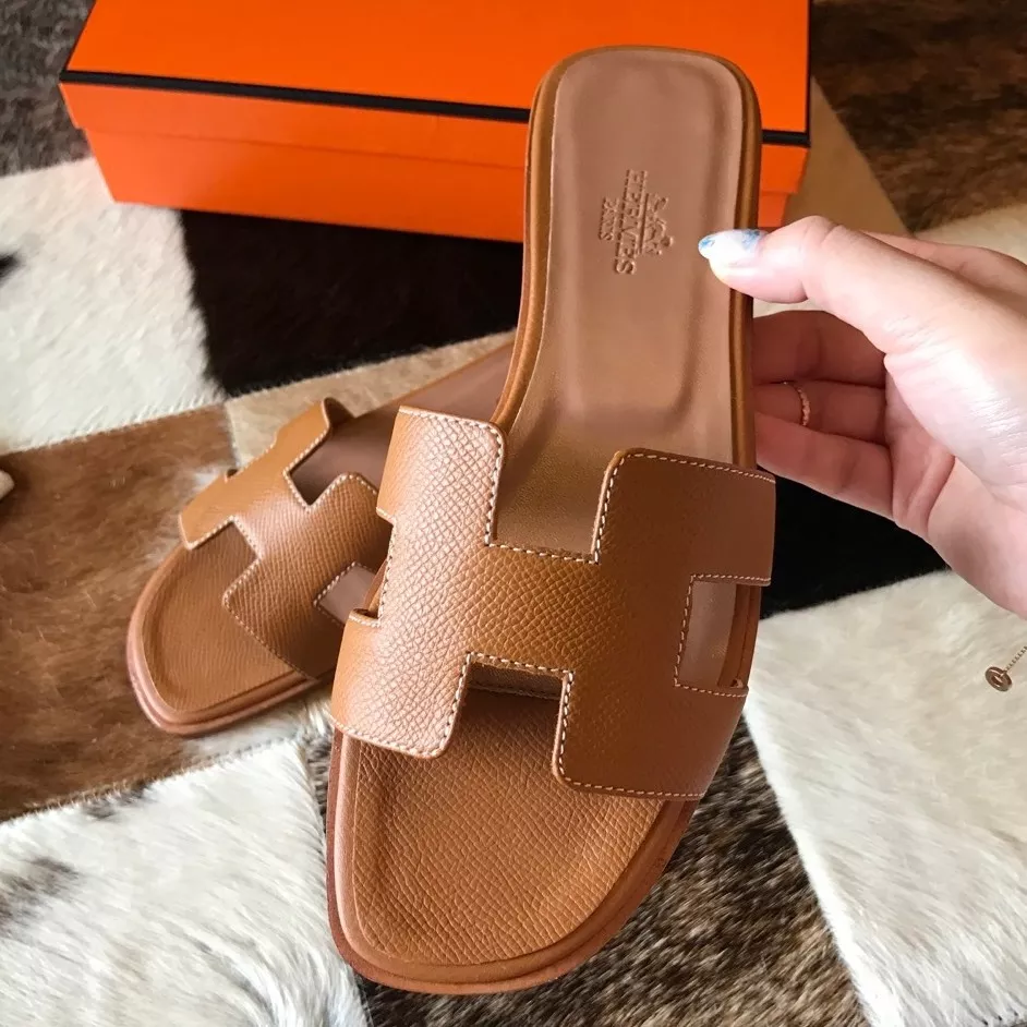 (1:1 replica) HERMES ORAN SLIDE SANDALS IN BROWN EPSOM CALFSKIN HMSD071