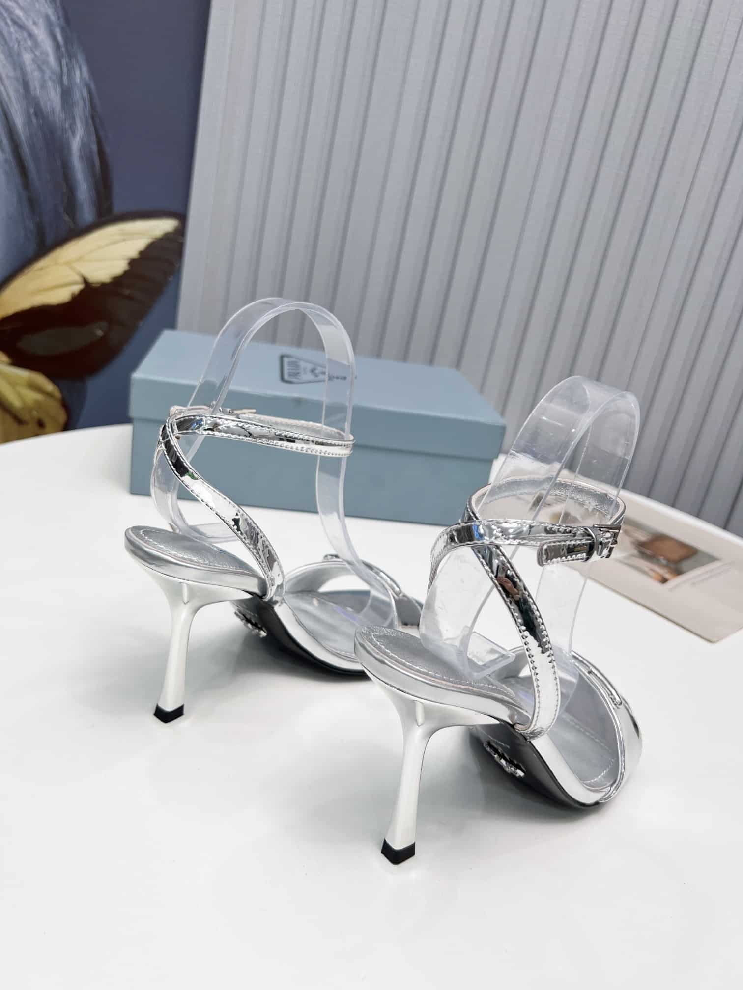 (1:1 replica) Prada High-Heeled Sandals Silver For Women 3.5/90mm PRD